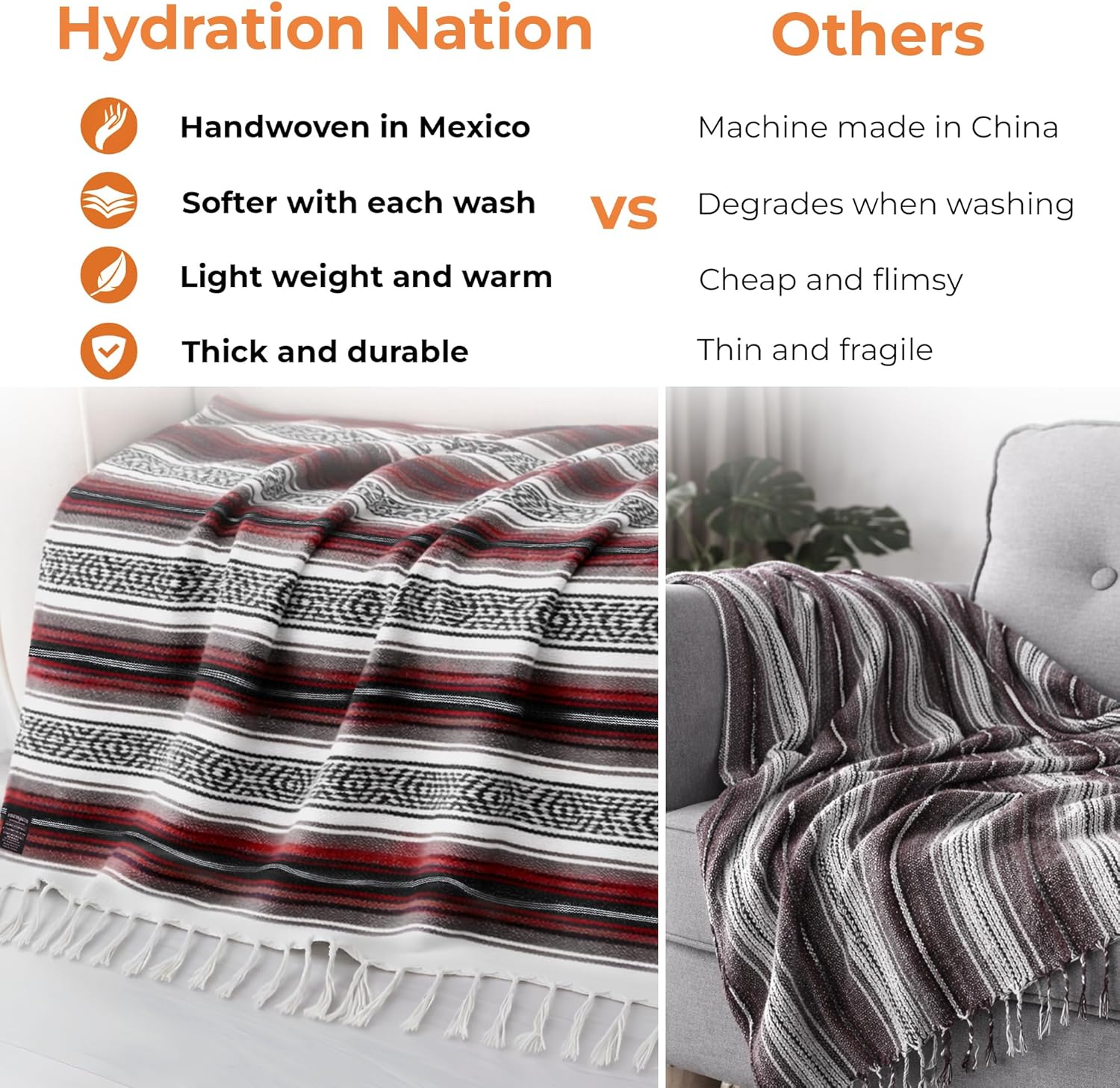 Mexican Blanket (Authentic Handmade Falsa) - Durable, Lightweight Baja Indian Blanket for Yoga, Beach, Camping, Picnic, Car/Truck, Outdoor Mexican Throw, Baja Saddle Blanket, 70"x50", Cherry - Image 7