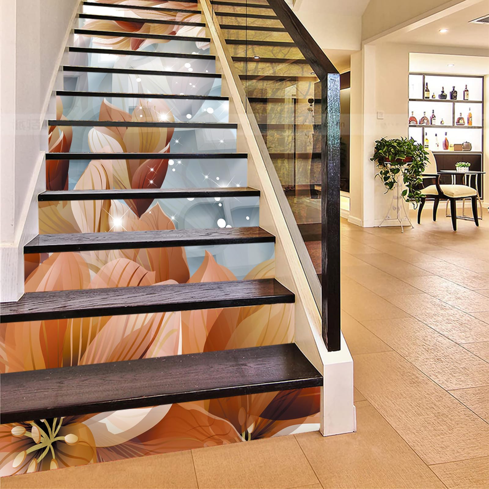 Flfk G1773 13Pcs Brown Flowers Staircase Sticker Peel And Sick 39.37"X7.08",Self-Adhesive Stair Risers Stickers Decals Mural Wallpaper For Home Decor