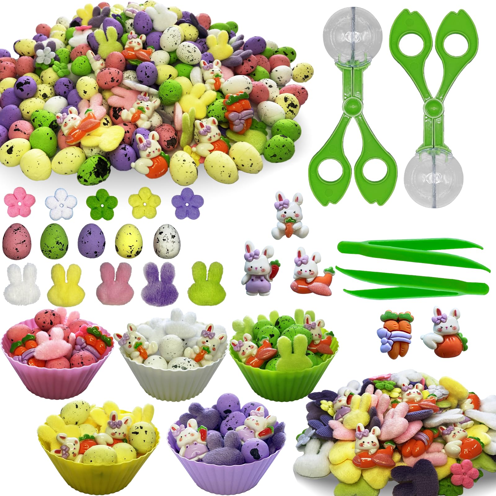Unvola 226pcs Easter Sensory Bin Filler Fine Motor Toys Spring Sensory Bin Items 100 Easter Foam Eggs 50 Felt Easter Flowers 50 Felt Bunny 10 Resin Rabbit Figurines for Easter Counting Sorting