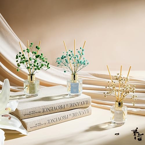 Miniatura 7 de Airkeep Juego de 3 difusores de varillas de aceite de pera, jazmín, menta, gardenia, fresia, para dormitorio, sala de estar, oficina, aromaterapia,