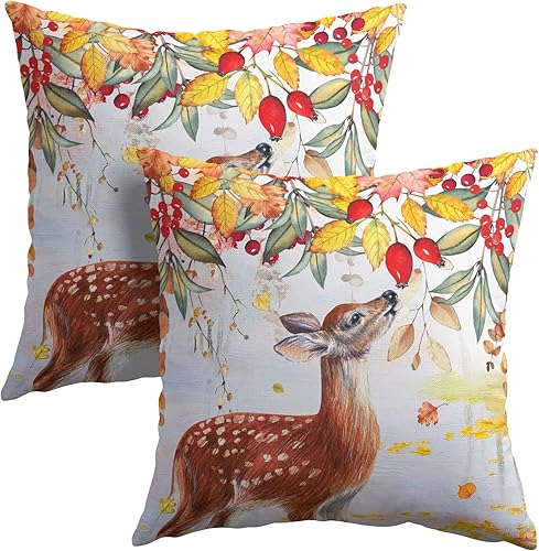 Giwawa Fundas de almohada de otoño en acuarela, bonita funda de almohada de ciervos del bosque, cosecha de otoño, animales, granja, funda de cojín
