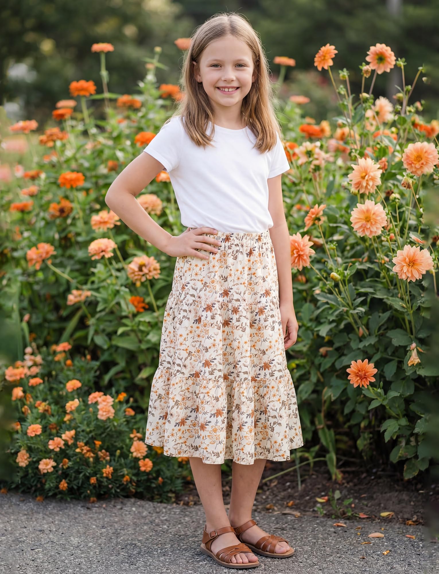 Maxi gonna floreale da ragazza, stile boho, linea a trapezio, elastica, a vita alta, gonna lunga, per vacanze estive e vacanze 8-13 anni
