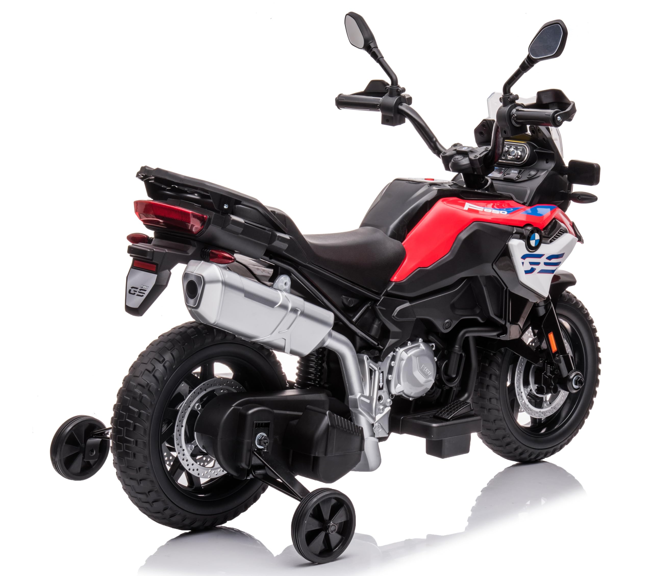 Motocicletta BMW F 850 GS Moto Elettrica Bambini 12V Ruote in Gomma EVA Rotelle Removibili Cavalletto in Metallo Luci LED USB Suoni Sedile Ampio 3–8 Anni Sospensioni fino a 30 kg Rosso