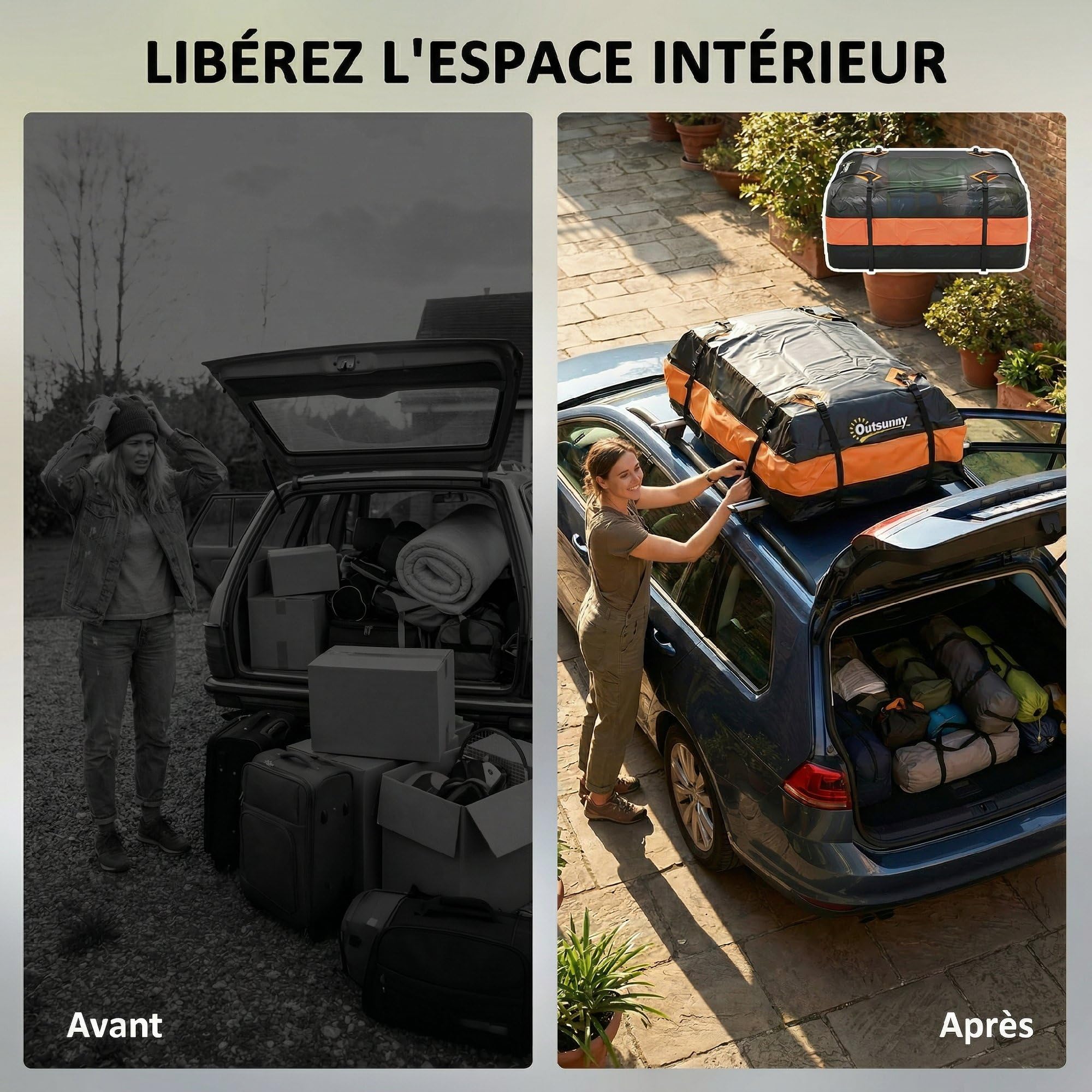 Outsunny Coffre de Toit de Véhicule 425 L, Intempéries, 8 Sangles Renforcées, 4 Crochets de Portes, Cadenas Antivol, Tapis Antidérapant, Sac de Toit Voiture pour Tous Véhicules avec/sans Barres