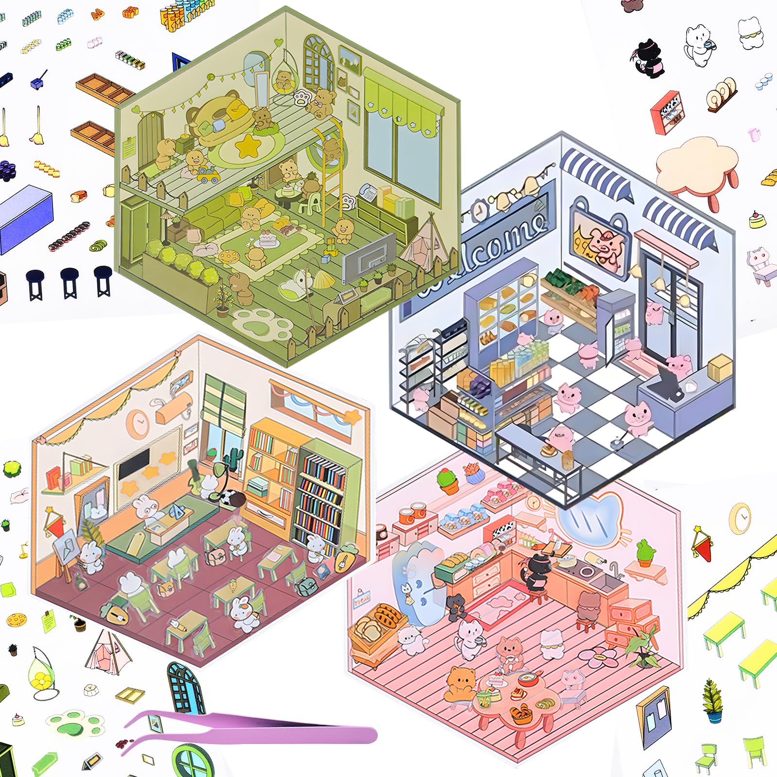 4Pcs 3D Fun Mini House Scene Stickers with Tweezers Make Your Own Mini Supermarket Classroom Kitchen Living Room Stickers Scenes Cute Mini Room Craft Scrapbook Stickers for Relief Stress Pass The Time — image 1
