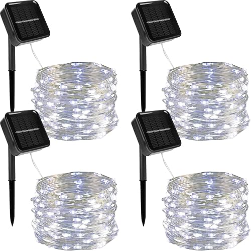 Twinkle Star Paquete de 4 tiras de luces solares para exteriores, 39.4 pies, 120 luces LED decorativas de Navidad con 8 modos, luz impermeable para