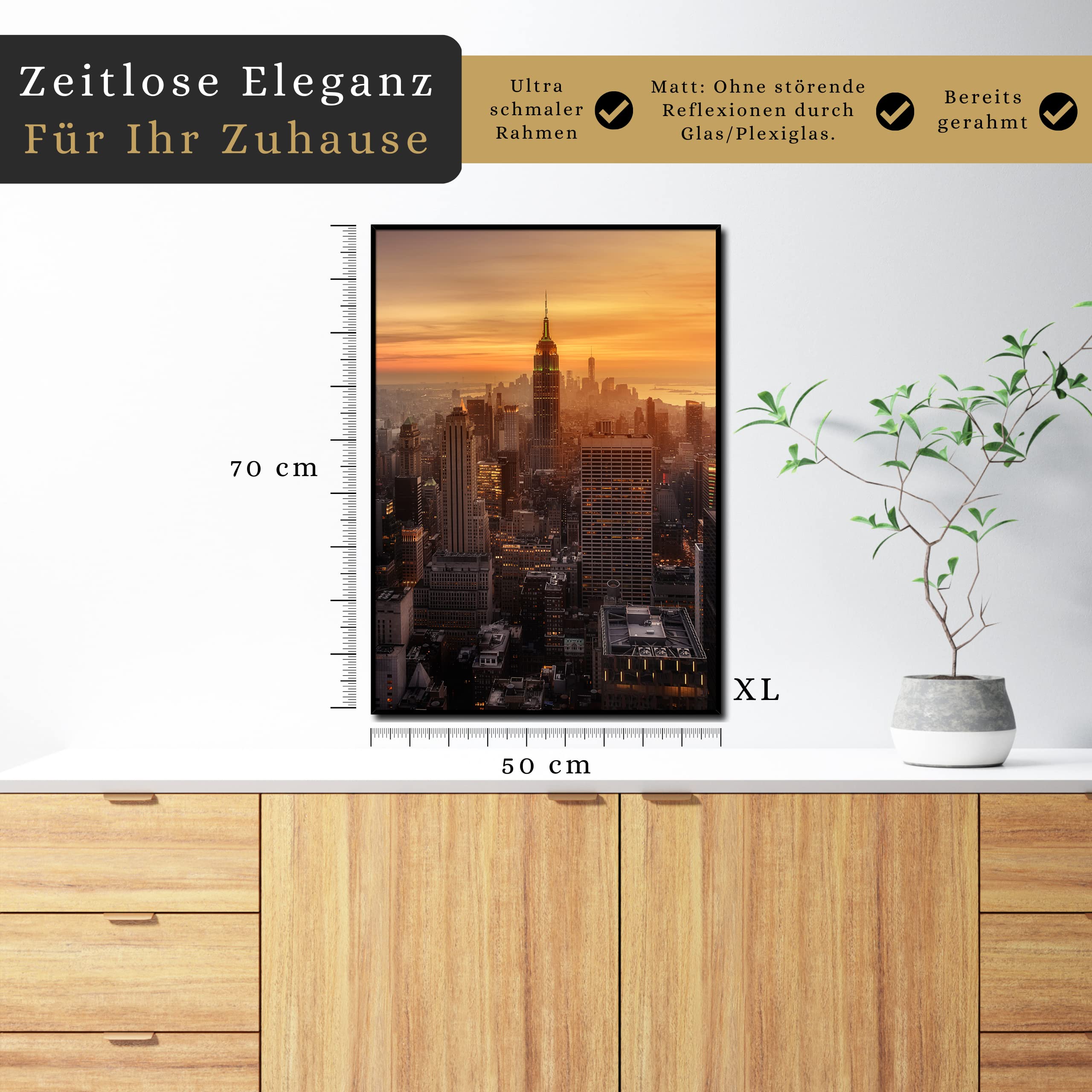 daazoo Wandbild Empire State Building Sunset | 50 x 70 cm Hochformat | Bild mit Rahmen schwarz Hochformat | groß XXL City | New York Wahrzeichen Skyline | Wohnzimmer Büro