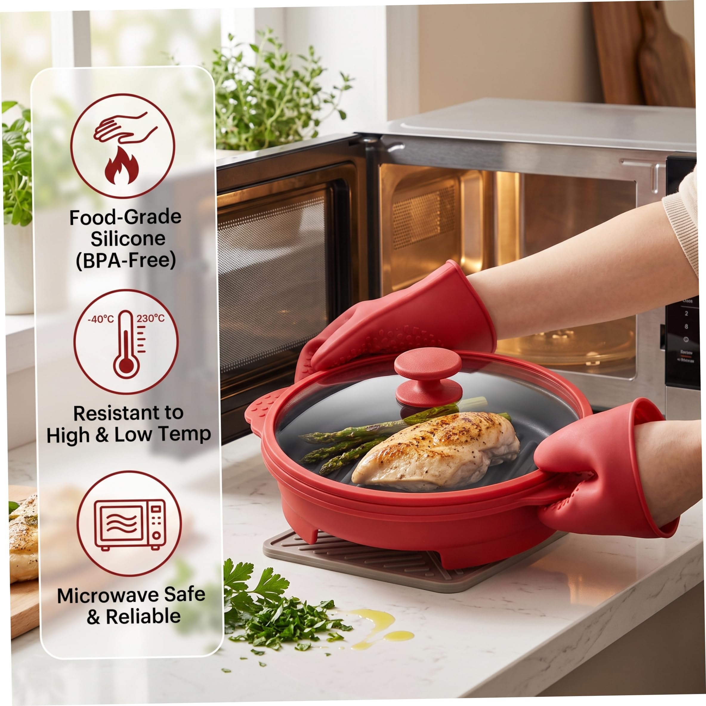 Teglia per microonde con coperchio, pentola per pancetta a microonde - Silicone alimentare, vassoio di cottura multi-ingrediente, rosso
