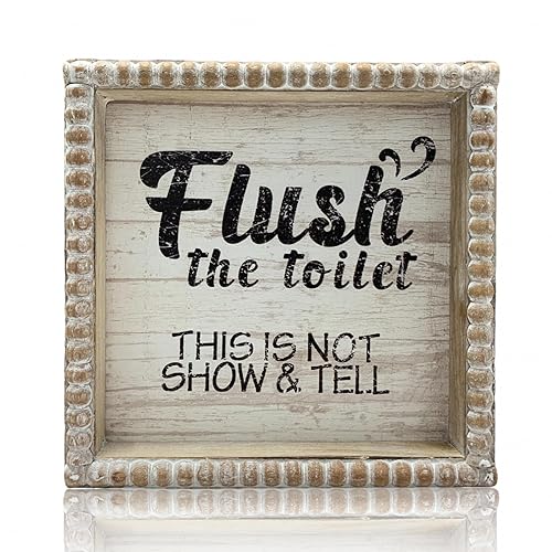 6.3" Flush Toilet Sign Bathroom Rules White Black, Farmhouse Shelf Antique Boho Funny Restroom Quote, Guest Supplies Decor Signage, Vintage Home