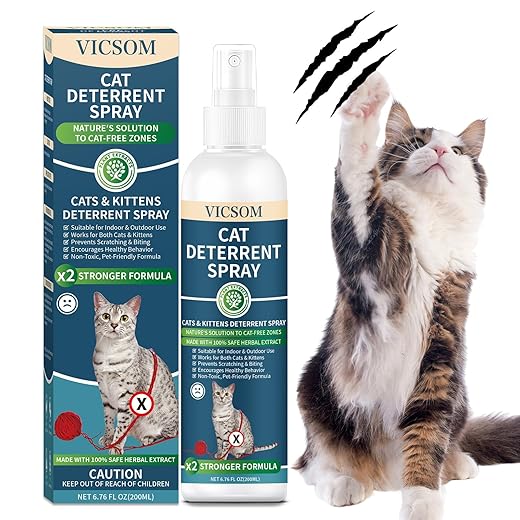 VICSOM Cat Deterrent Spray, Natural Cat Repellent Spray, Cat Scratch Deterrent for Furniture, Sofas, Rugs, Curtains, Plants, Indoor & Outdoor Keep Cats Kittens Away, No Alcohol & Trace 6.76 FL Oz