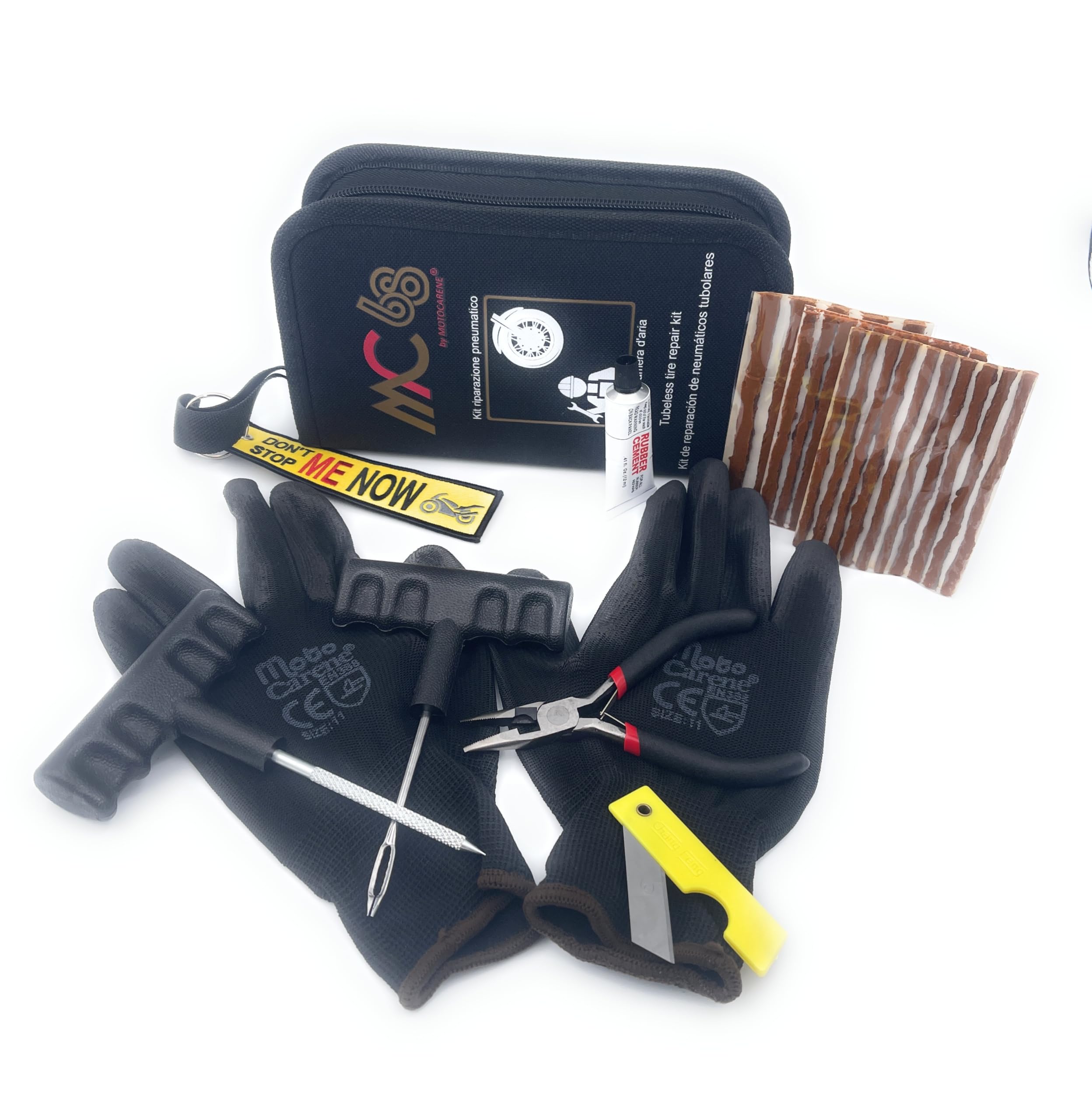 Kit Riparazione Pneumatici Moto Set Portatile Ripara Gomme Tubeless, Senza Camera d'Aria con Mastice Slime Moto (PRO Basic)