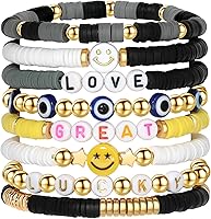 YALASOBA Preppy Bracelets Set: Colorful Smile Heart Star Clay Beaded Pearl Stackable Y2K Kidcore Layering Jewelry for Women Teens Girls