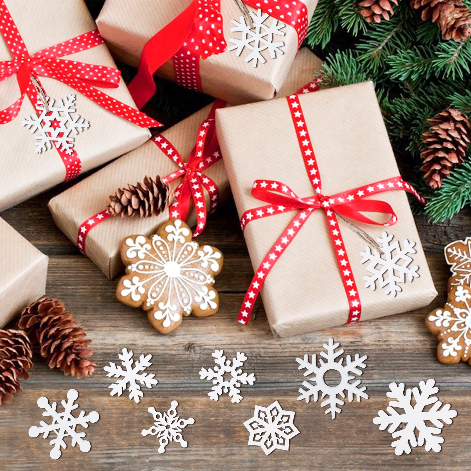 EKKONG 100PCS Ornements De Noël En Bois, Bois Arbre De Noël Ornements, Suspension Sapin De Noël En Bois, Décorations De Noël Avec Ficelle En Jute