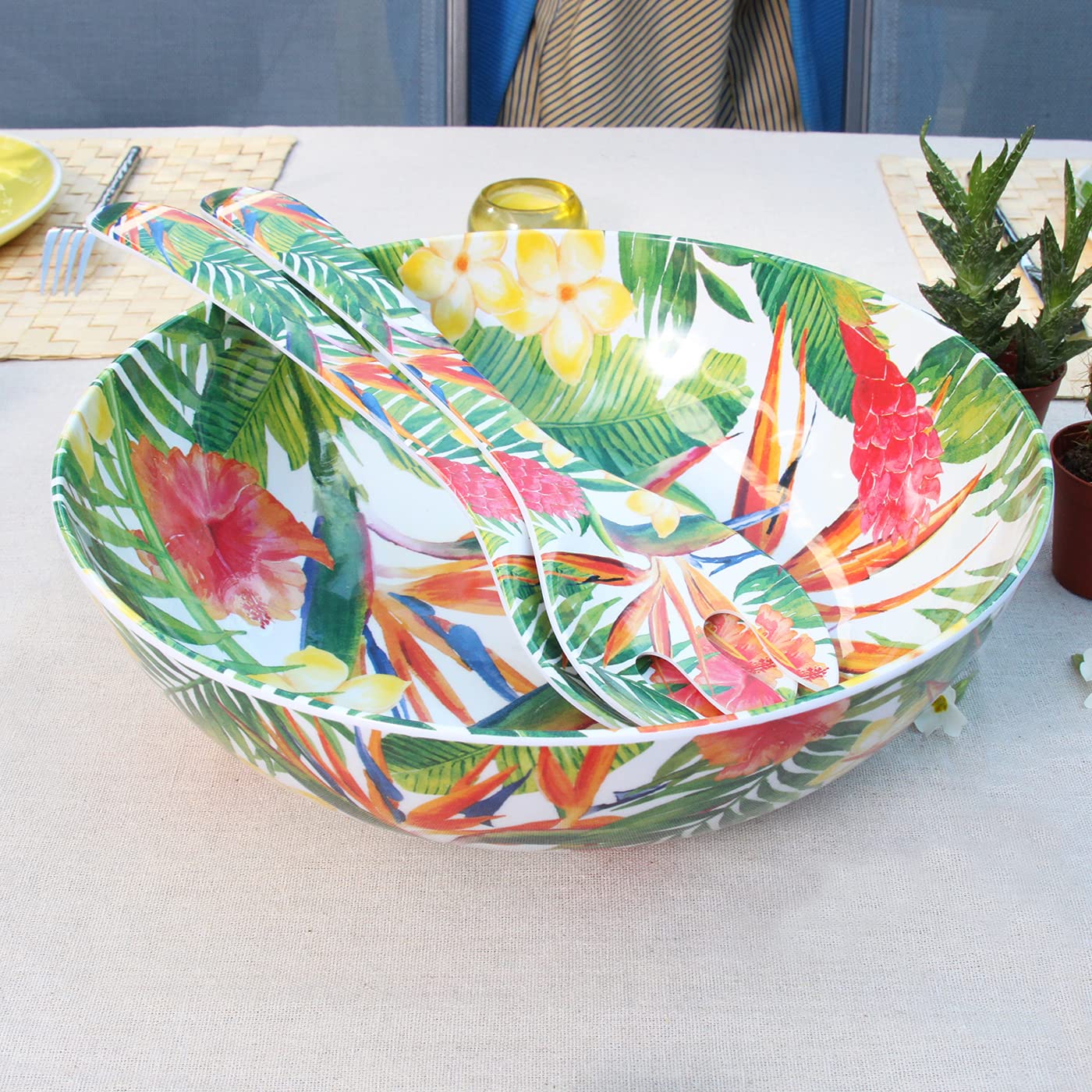 Les Jardins de la Comtesse - Grand Saladier en Mélamine Pure Quasi-incassable - Fleurs Exotiques - 31 cm - Rouge et Vert - Service de Table de la Collection de Vaisselle Quasi-Incassable MelARTmine