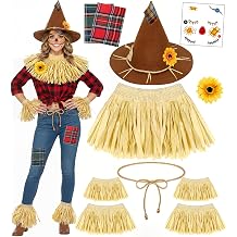Scarecrow Costume Adult Women, Scarecrow Hat Headband Neck Piece Wrist Leg Ties Face Decals Makeup, Accessories Set for Halloween