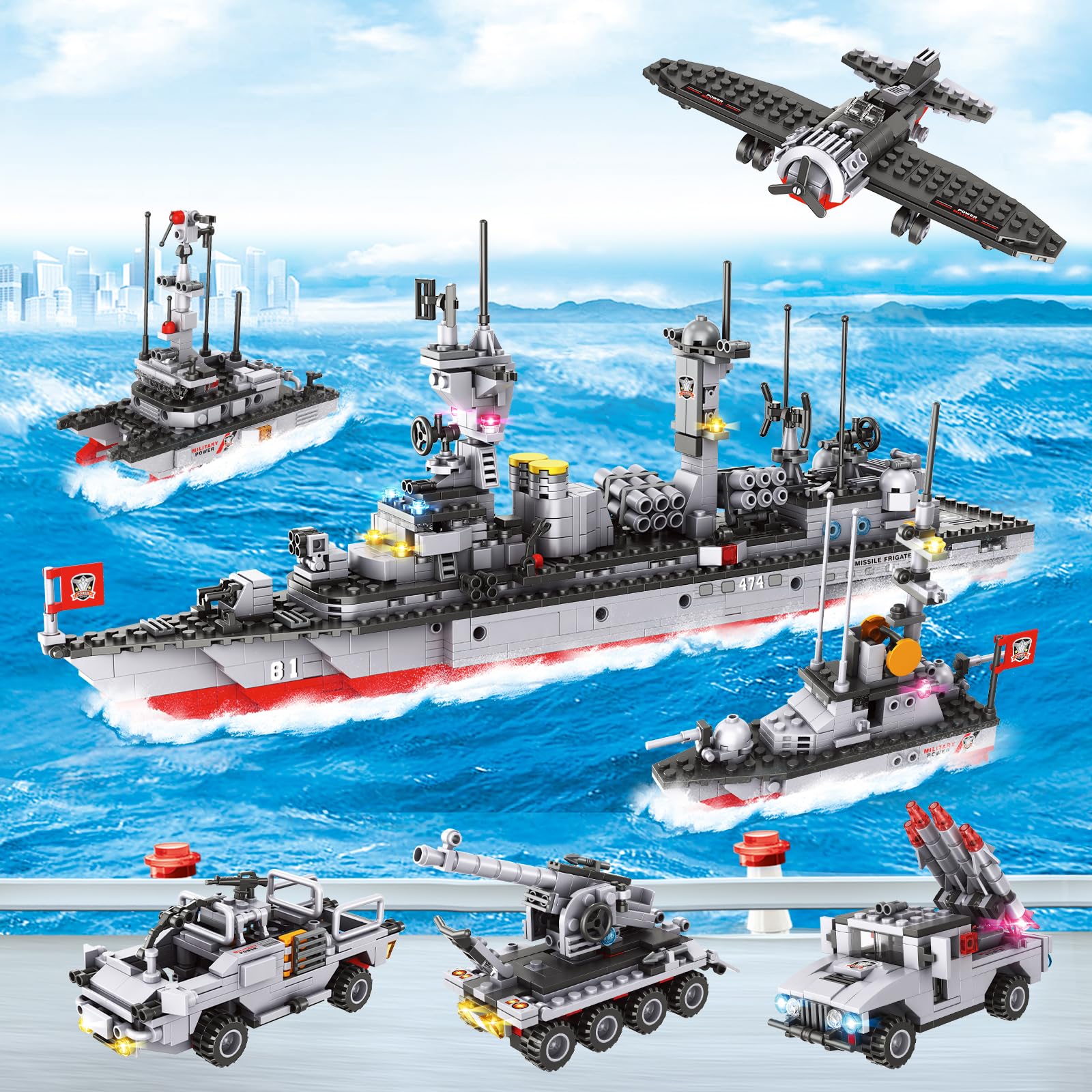 Juego de 1296 piezas de bloques de construcción de portaaviones, buque de guerra militar con avión, lancha patrulla, coche del ejército, tanque, barco creativo de juego de roles, juguetes de regalo 7