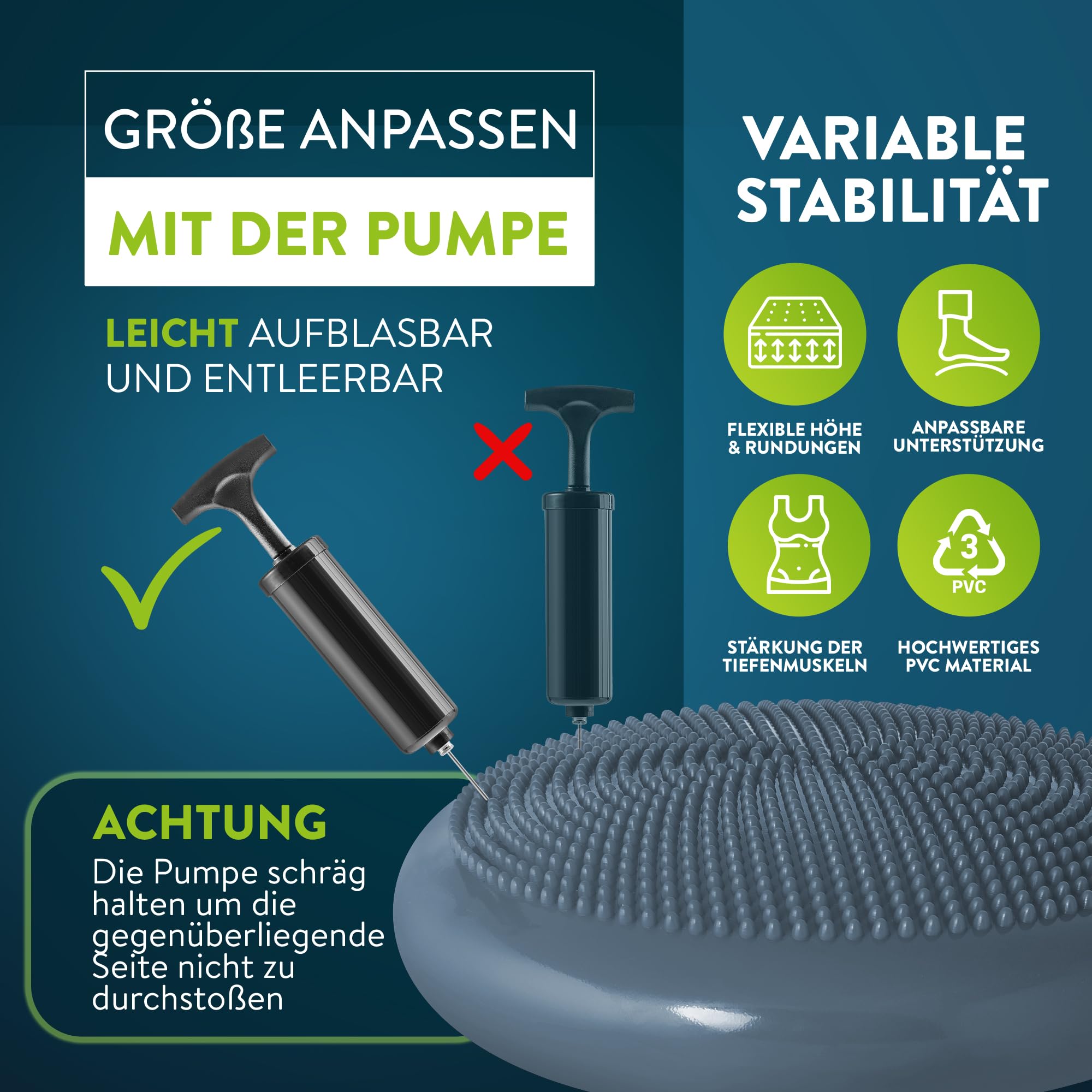 ZenBalance Cuscino Propiocettivo, Cuscino Ortopedico per Riabilitazione, Disco Propiocettivo Gonfiabile per Postura, Balance Board per Sport & Fisioterapia, incl. pompa, e-book, 33 cm (Blu navy)
