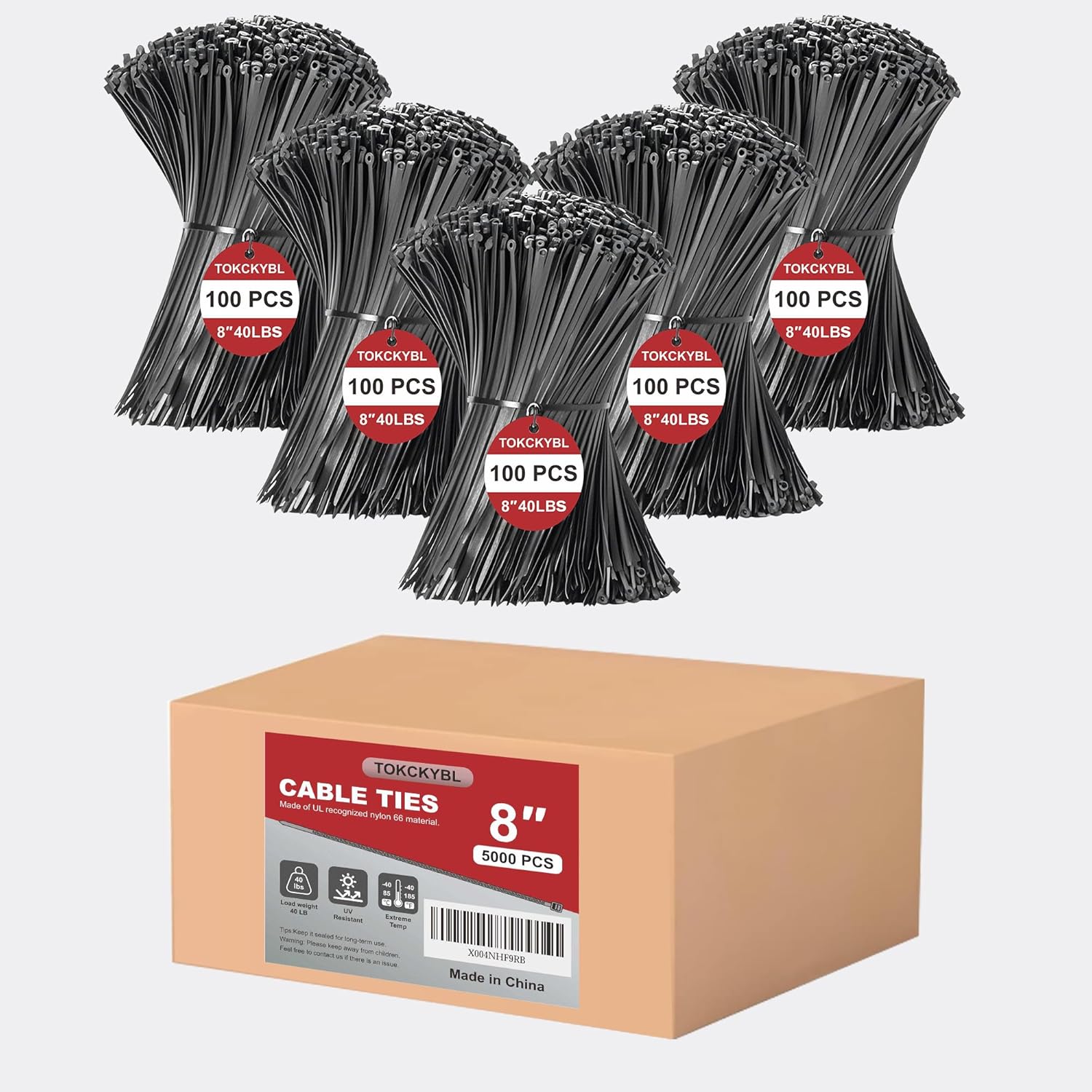 8 Inch Zip Ties (5000 Pack) – Heavy Duty 40lbs Tensile Strength, UV Resistant Black Cable Ties for Indoor & Outdoor Use, Durable Nylon Wire Ties for Organizing Cables, Garden, Garage and More