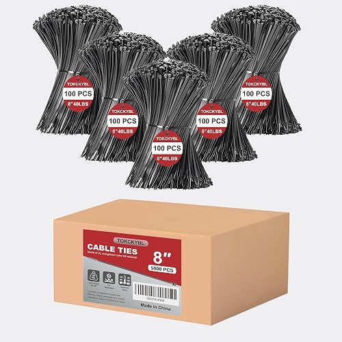 8 Inch Zip Ties (5000 Pack) – Heavy Duty 40lbs Tensile Strength, UV Resistant Black Cable Ties 4 Indoor & Outdoor Use, Durable Nylon Wire Ties 4 Organizing Cables, Garden, Garage and More