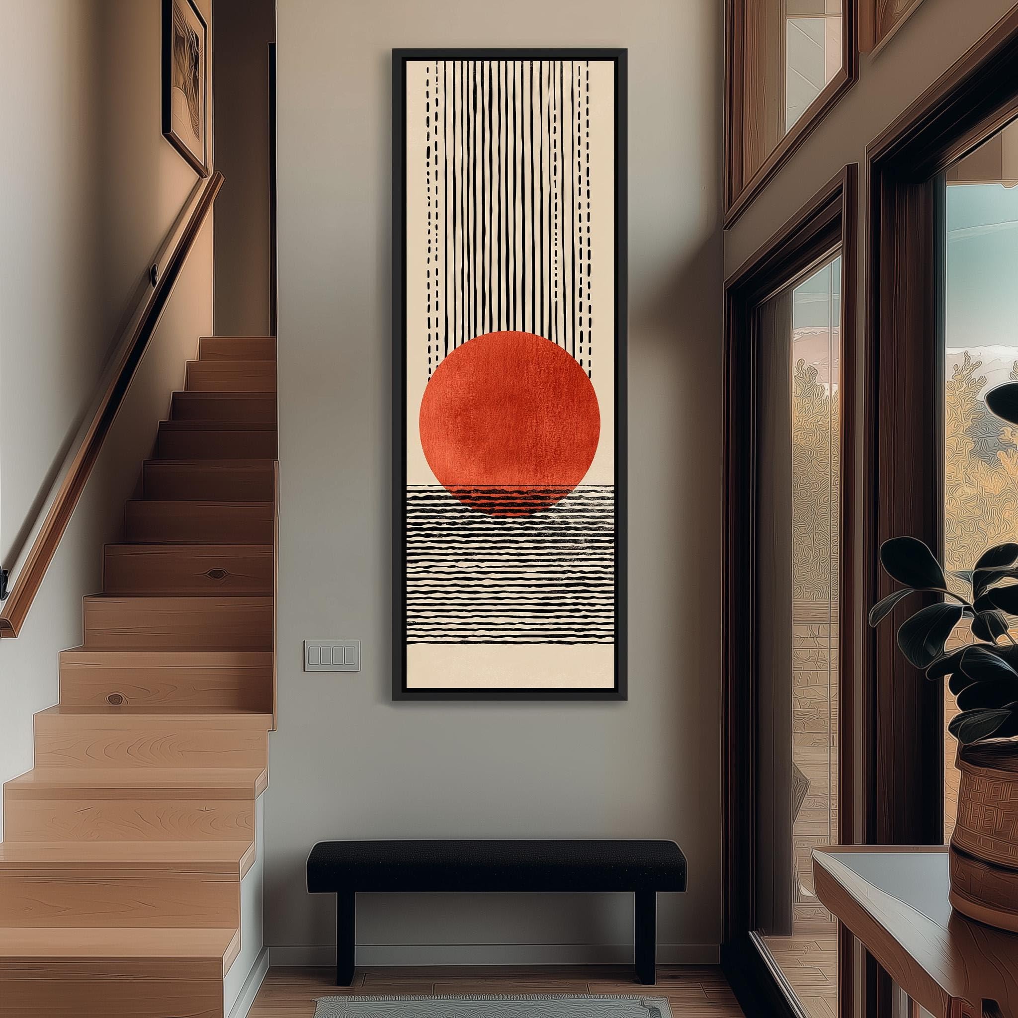 XBTYKPB Lienzo alto y estrecho estilo boho, lienzo geométrico vertical largo con diseño de sol, decoración estrecha de mediados de siglo, estampado terracota, pared retro (35x105cm/marco interior)