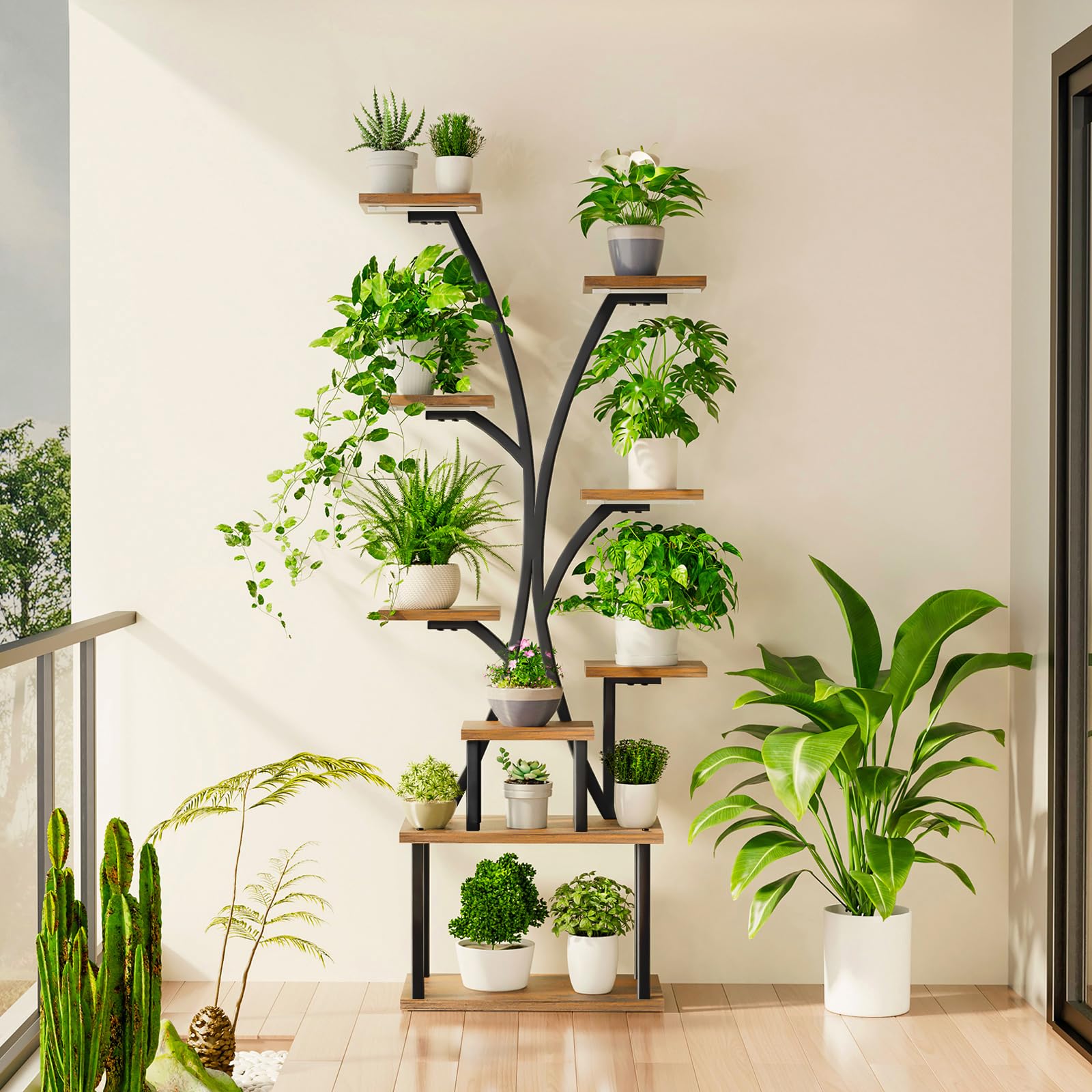 Pflanzenständer mit Wachstumslicht - 9 Ebenen Blumenständer Metall Holz mit Schublade, 165cm Hoher Blumenregal für den Innenbereich, Pflanzenregal mit Licht für Drinnen, Garten und Balkon