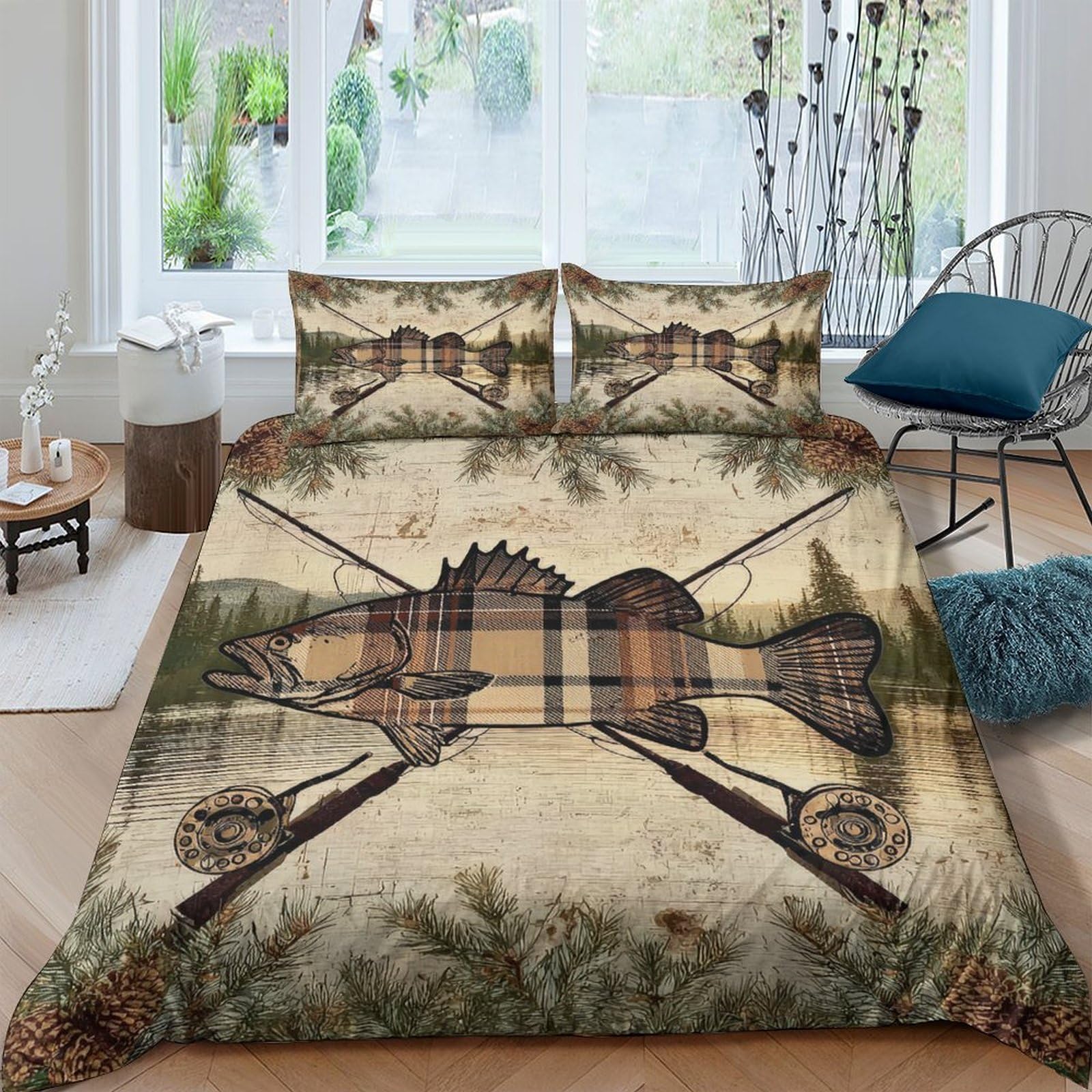 Ctjqhvkz Style-8 3D Printed Vintage Fish Fitted Sheet Microfiber Soft Breathable Rustic Fishing Bed Cover For Bedroom Guest Room Decor Single（135X200cm）