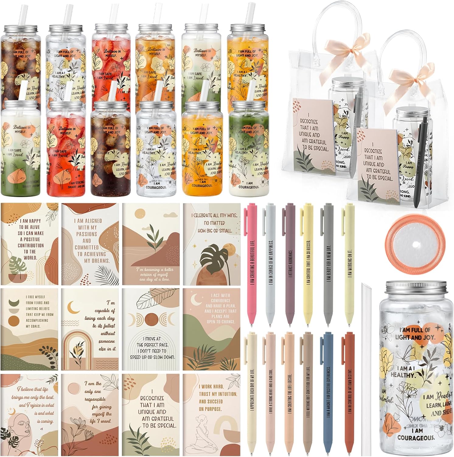 Kosiz 36 Pcs Boho Positive Affirmation Gift Set for Women, 12 Gratitude Notebooks 12 Plastic Cups with Lids Straws 12 Gift Bags, Mother's Day Thank You Gifts for Teachers Nurses Employee Coworker