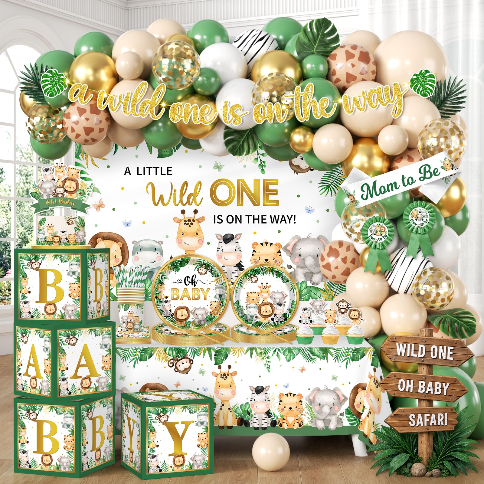 Decoraciones de safari para baby shower, 262 piezas de decoraciones de cumpleaños salvajes de la selva, decoraciones de baby shower, platos y servilletas, telón de fondo, mantel, globos, cajas de