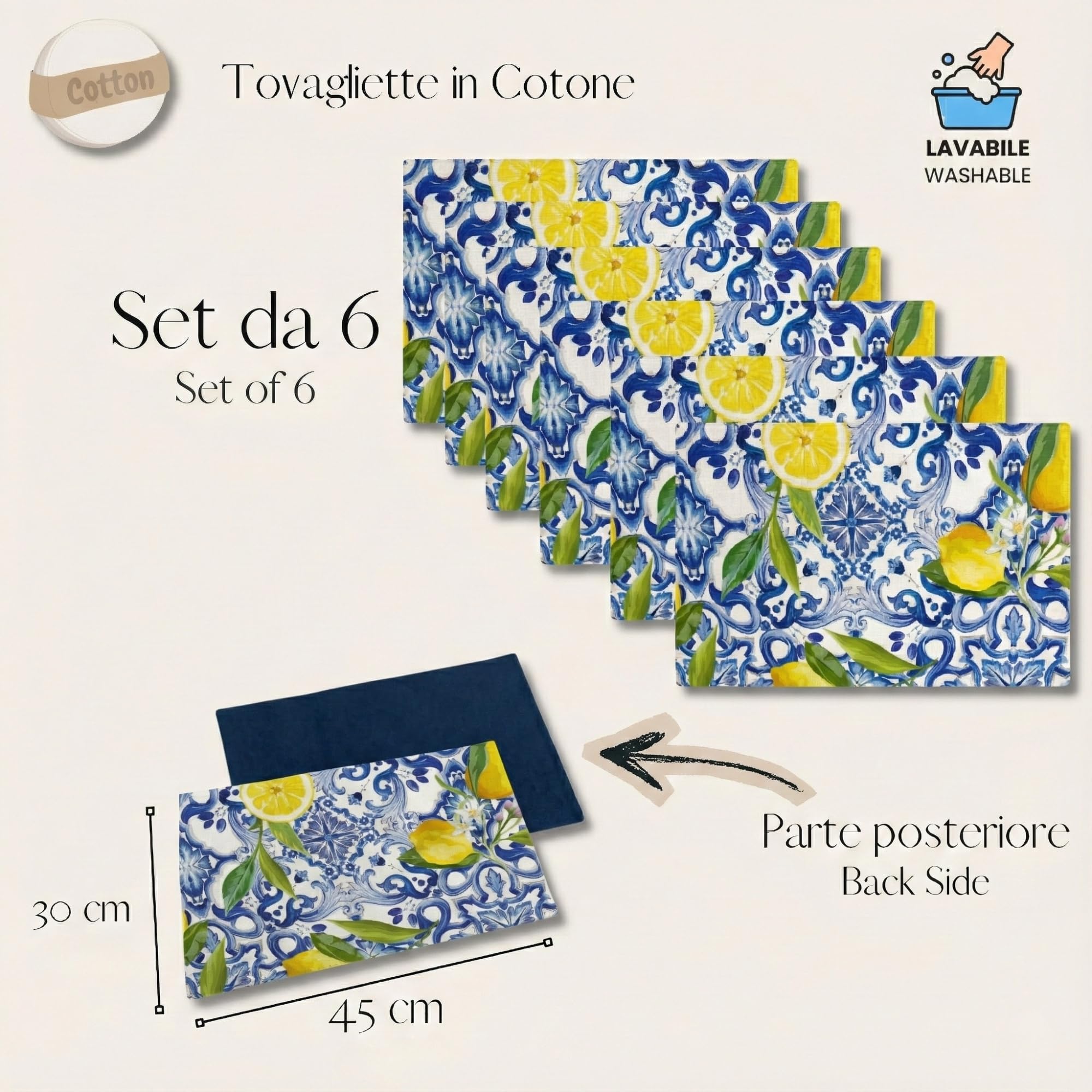 Set di 6 Tovagliette Americane Lavabili in Cotone, Tovagliette Colazione Americana con Limoni 45x30 cm, Diverse Decorazioni e Colori