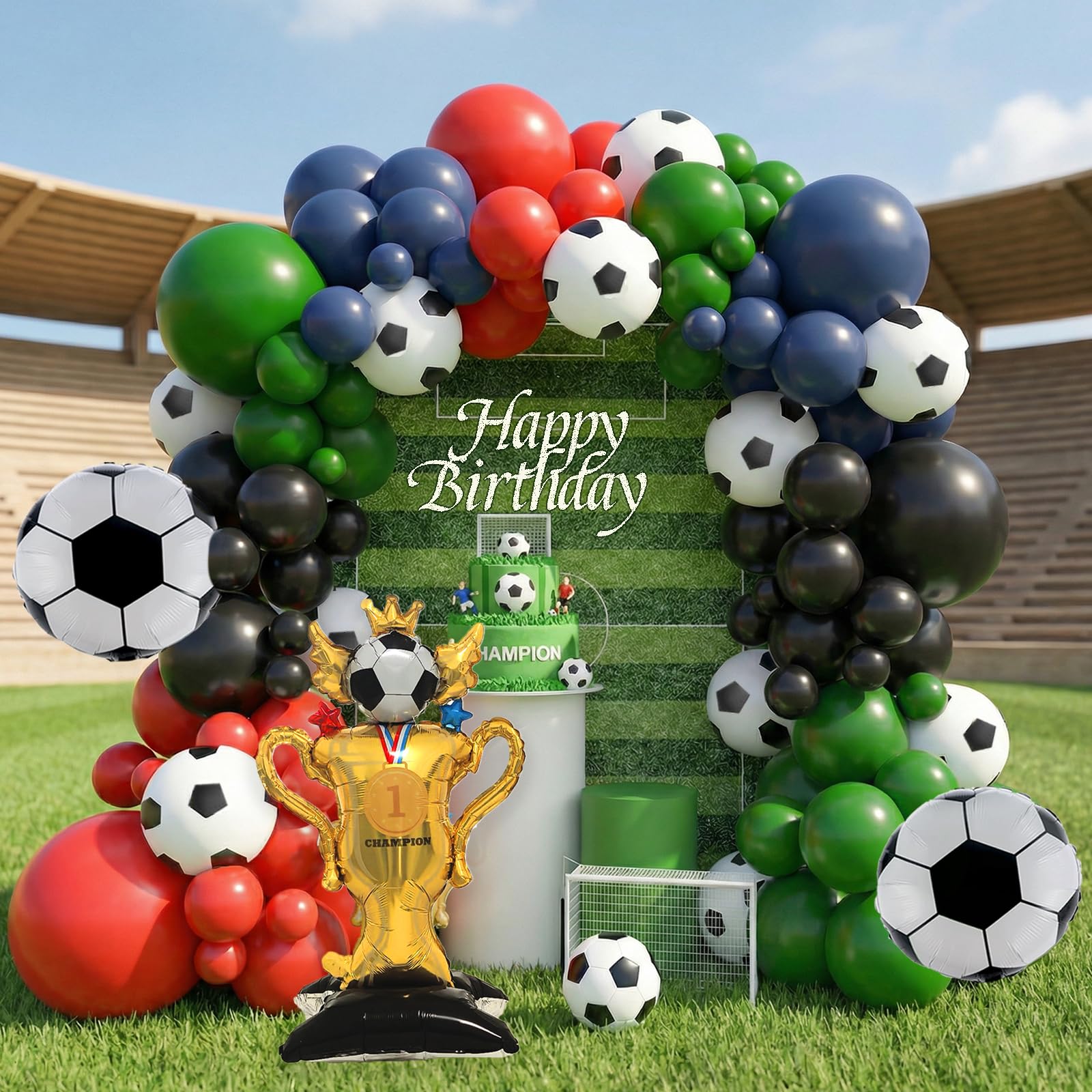 142 pezzi decorazioni per feste di compleanno calcio palloncino arco ghirlanda kit rosso nero polvere blu palloncini con trofeo di calcio palloncini per calcio baby shower Decor ragazzi uomini