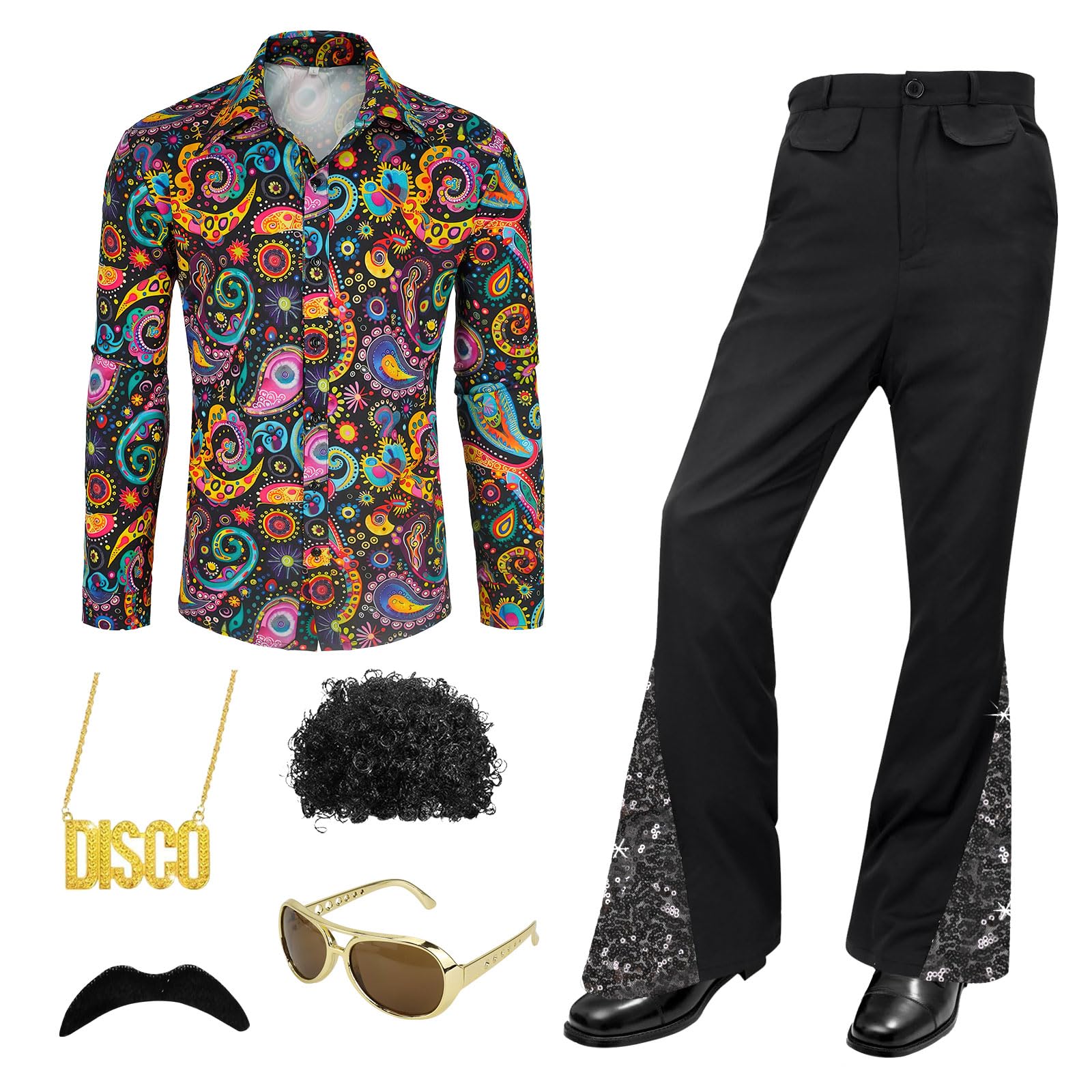 JTKDG 6PCS 70s Disco Costume Set Hippie Men Outfit with Bell Bottom Pants Shirt for 50s 60s 70s Cosplay Halloween Party (Purple, L)