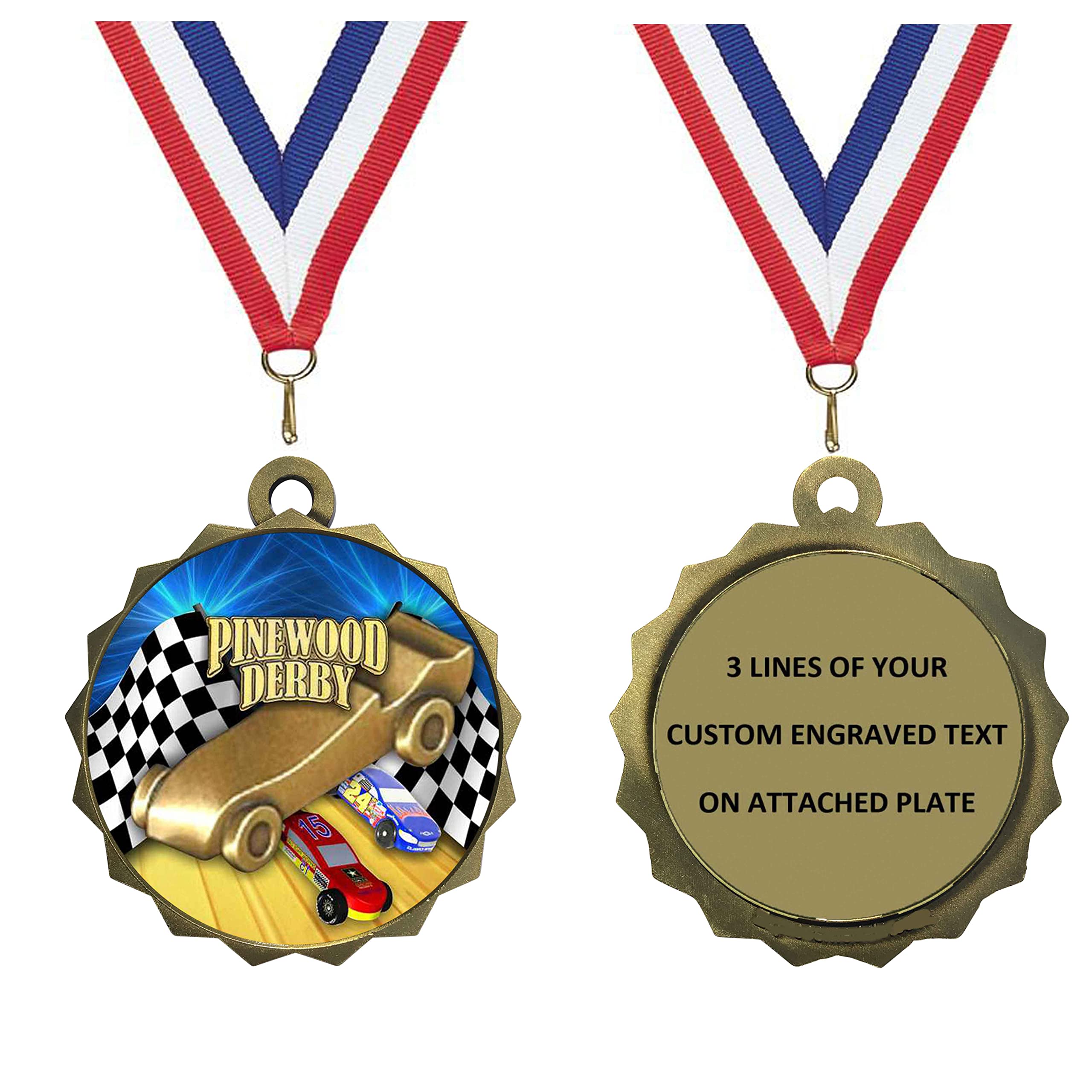 Express Medals 1 to 50 Packs of Engraved Derby Race Car Scout Gold Medal Trophy Award with Neck Ribbon & Attached Engraved Plate on Back LAZD214-D70