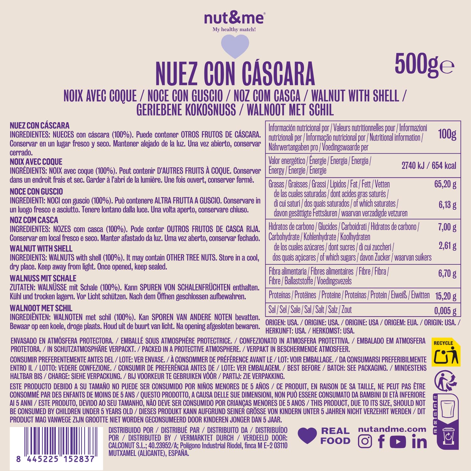 nut&me Nueces con Cáscara 500g | Alto contenido en Omega 3 | Ricas en Antioxidantes | Sin gluten | Snack 100% natural | Sin conservantes