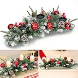 TURNMEON 30'' Christmas Tabletop Centerpiece with 3 Candle Holders, Metal Base, Flame Retardant, Foldable Design, Red, Green, Pinecone, Christmas Table Decoration
