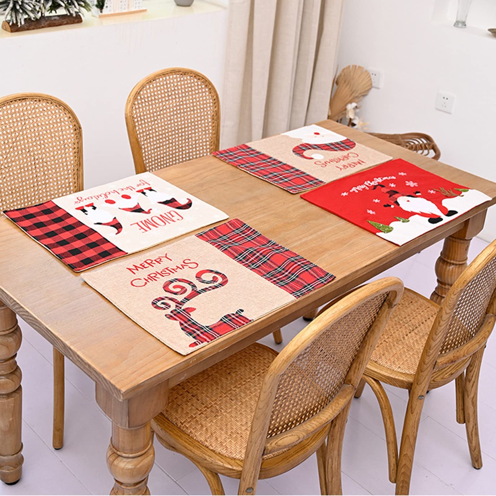 RENRUIRUI- Set De 4 Sets De Table De Noël, Avec Motif Buffalo Check, Bonhomme De Neige, Père Noël Et Wapiti, Décor De Table À Manger De Vacances De Noël, 18 X 13,4 Po