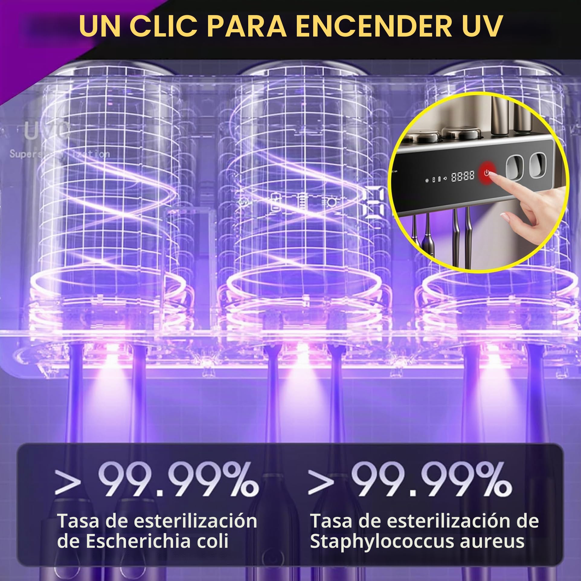 Soportes Inteligentes para cepillos de Dientes, Soporte eléctrico para cepillos de Dientes desinfectante UV montado en la Pared con dispensador de Pasta de para baño (Negro)