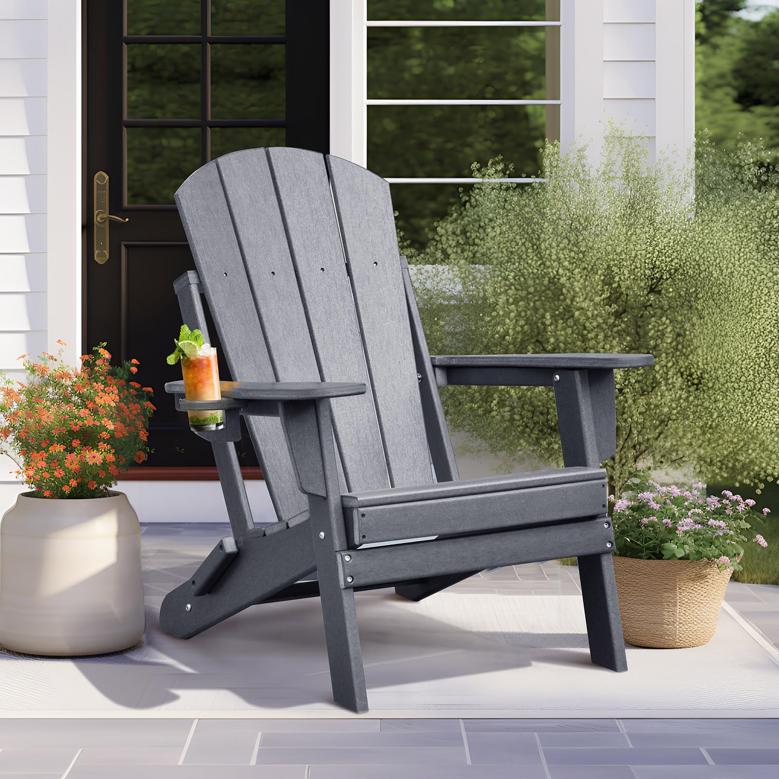 ART TO REAL ATR Adirondack Stuhl mit Getränkehalter,Klappbar Adirondack Chair Kunststoff,Wetterfester Gartenstuhl, Gartensessel aus Outdoor-Stuhl für Garten,Terrasse