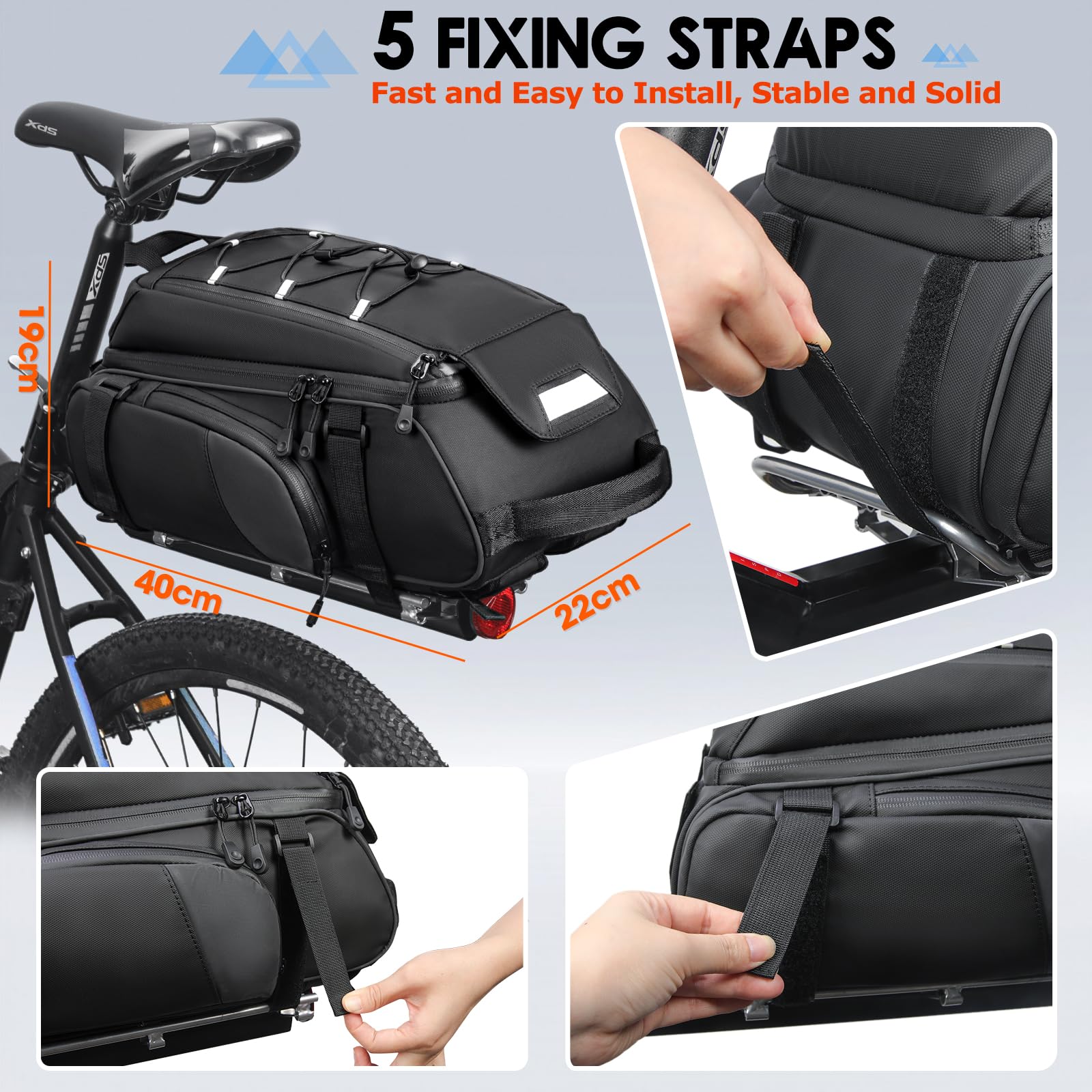 RAINSMORE Borsa Bici Posteriore 15L Portapacchi Bici Posteriore Impermeabile con Copertura Antipioggia e Striscia Riflettente Multifunzionale