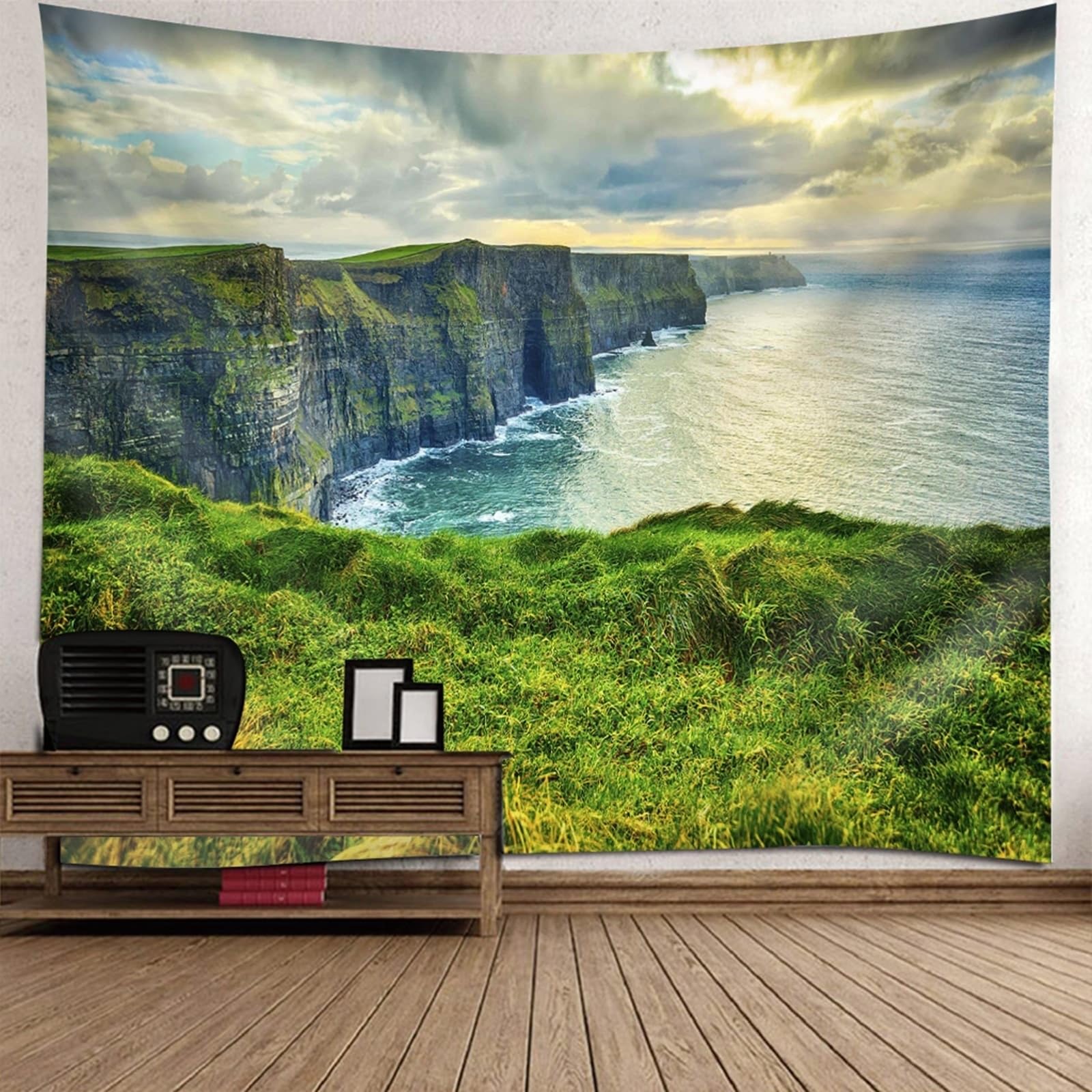 Skcess Zielone gobeliny do salonu poliester, morski naturalny krajobraz jadalnia gobelin 260 x 240 cm