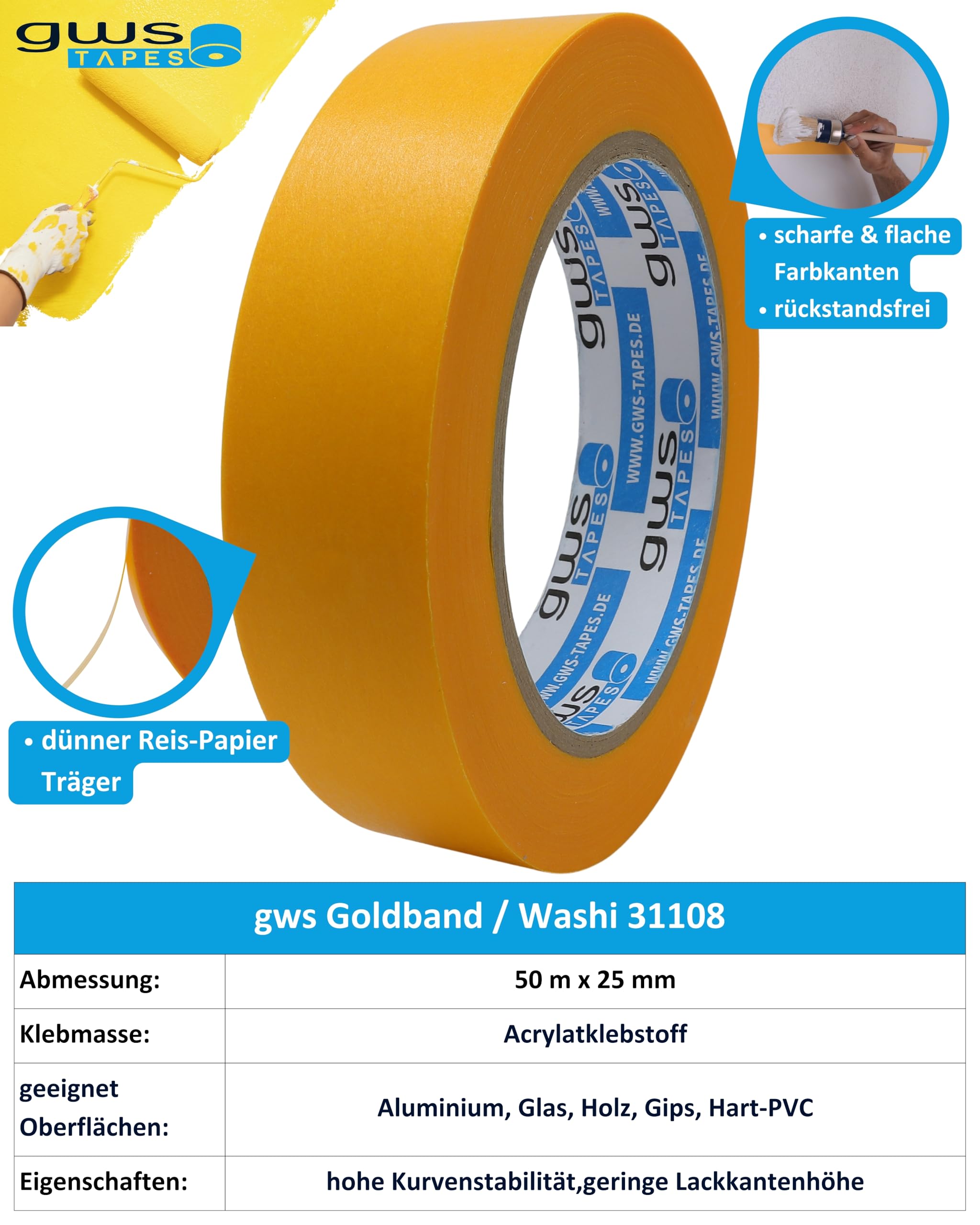 gws 48 rollen Goldband, Malerband zum Abkleben zum Streichen, Malen, Lackieren, Basteln und vielem mehr, Maler-Abdeckklebeband, Rückstandsfrei entfernbar, dünn & stabil mit je 50 m x 25 mm