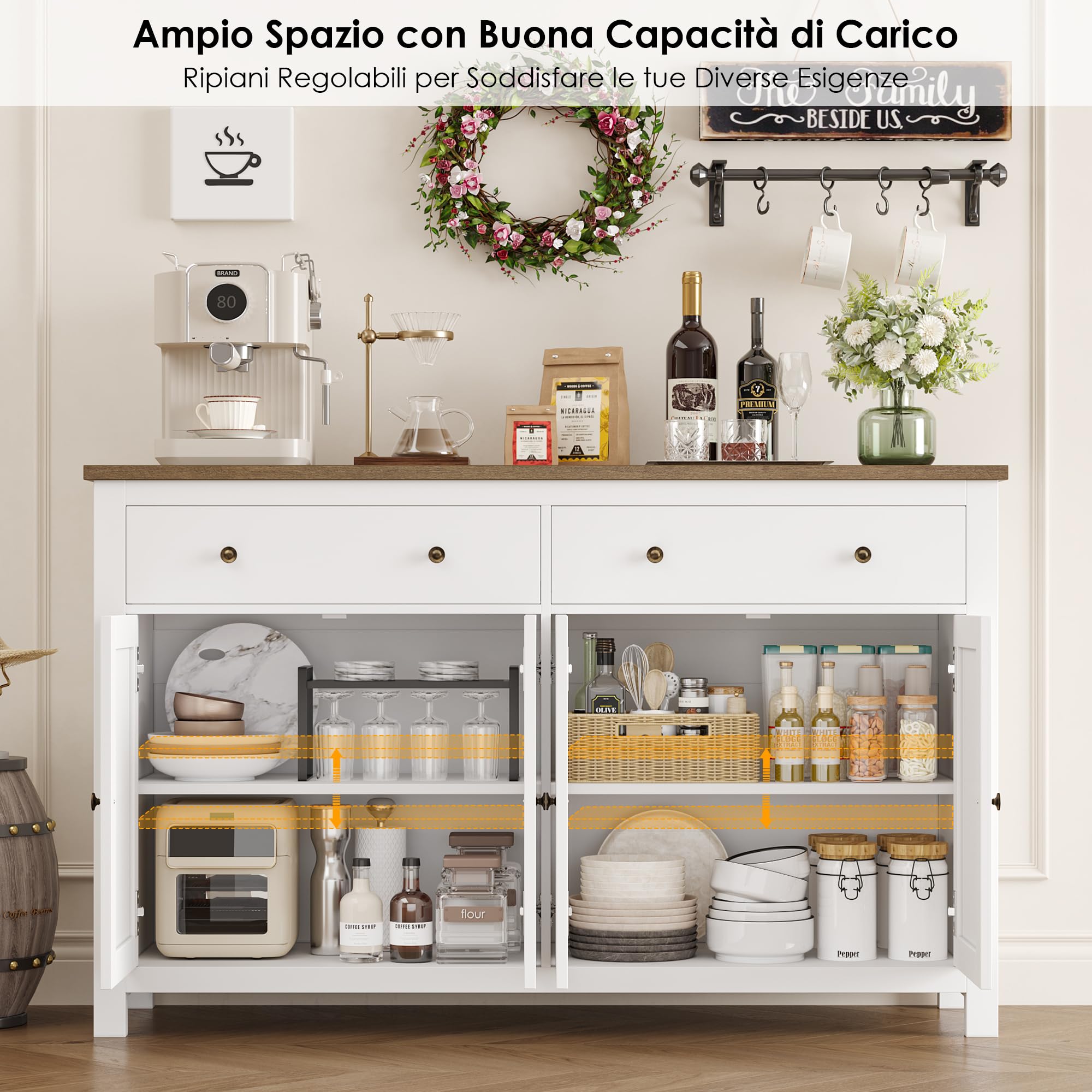 FirFurd Larga 140cm Mobile Cucina, Credenza Cucina con 2 Cassetti e 4 Ante, Moderno Buffet Mobile con Ripiani Regolabili e Rimovibile, Per Cucina, Sala da Pranzo, Soggiorno, 140x40x89cm, Bianco