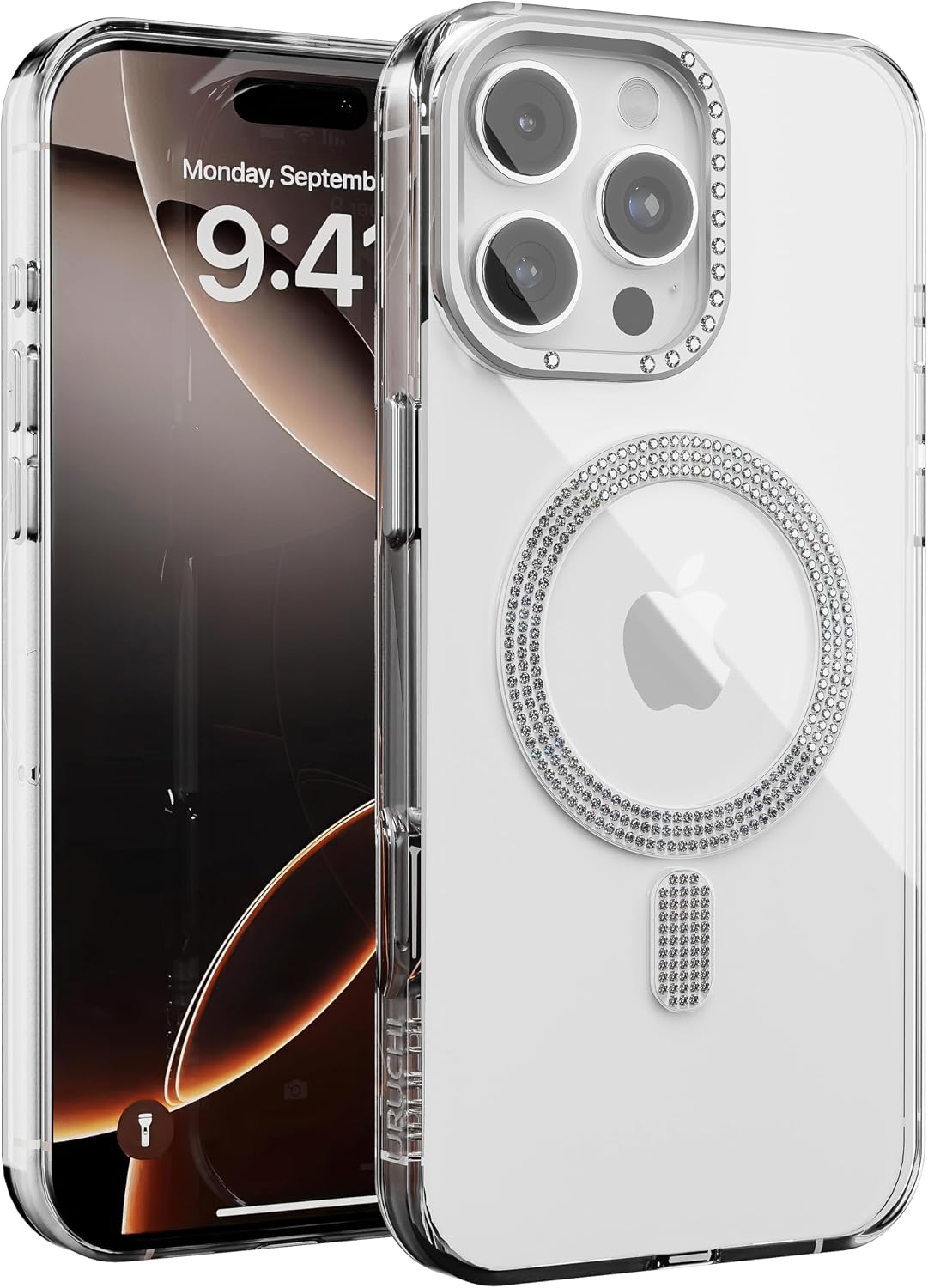 URUCHI iPhone 16 Pro Max ile Uyumlu Şeffaf Taşlı Mag-Safe Kılıf – Sert Mika Sararmaz Kılıf, N52 Güçlü Mıknatıs, Bağımsız Tuşlar, Lüks Kristal Tasarım (Şeffaf, iPhone 16 Pro Max)