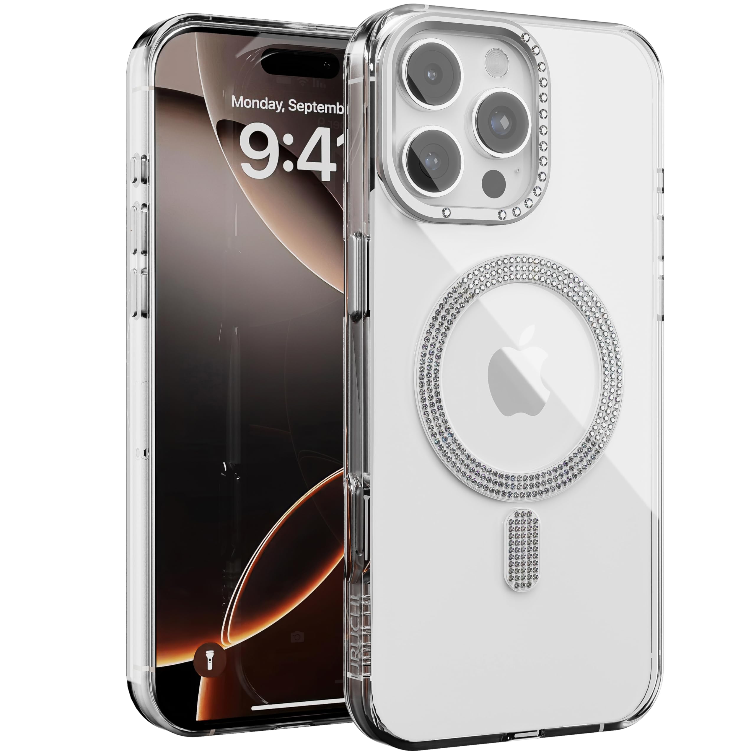 URUCHI iPhone 16 Pro Max ile Uyumlu Şeffaf Taşlı Mag-Safe Kılıf