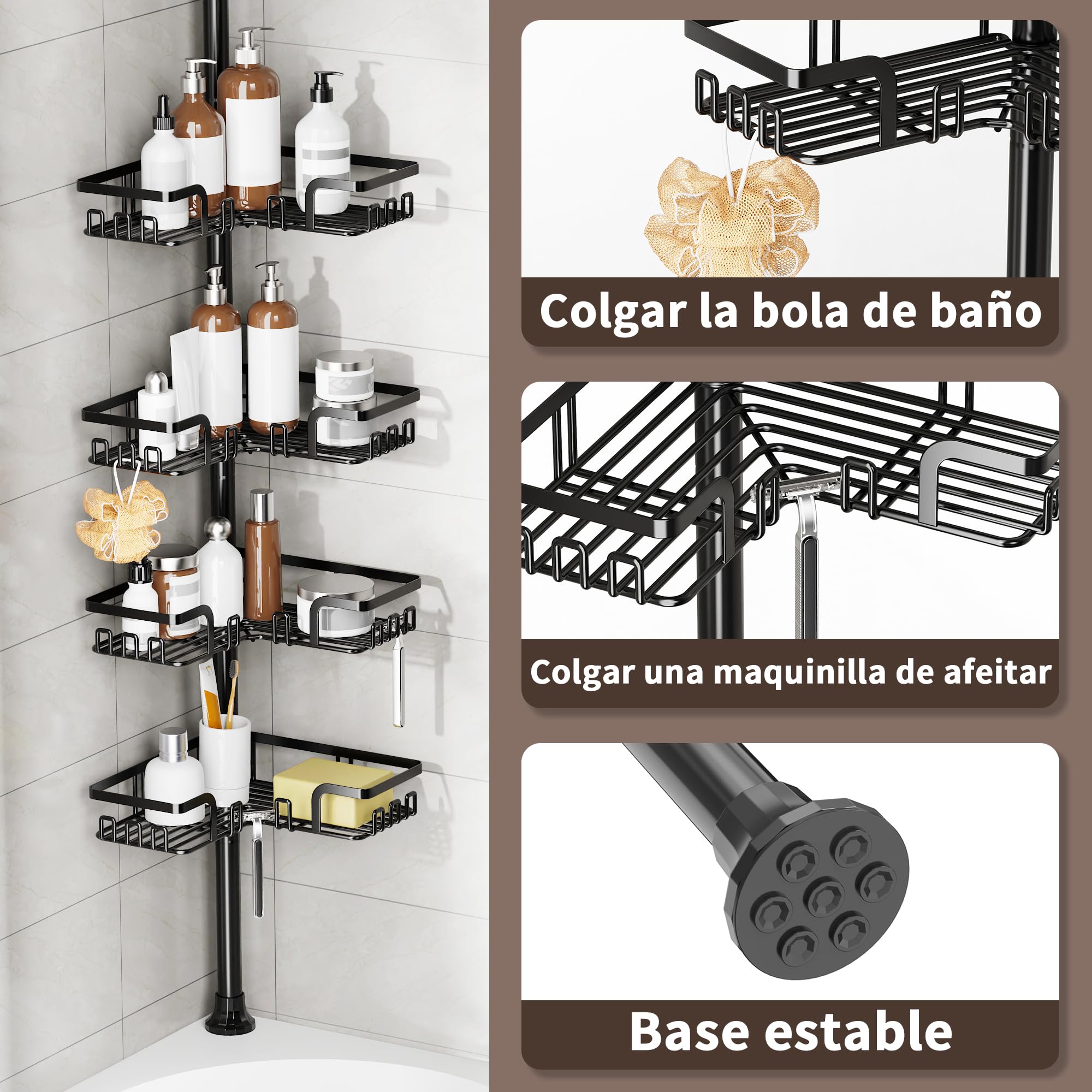 KEGII Estanteria Ducha Telescopica - Estantería Ducha sin Taladro Acero Inoxidable Estante de Ducha Esquinero Acero Inoxidable Estanteria para Ducha, Negro