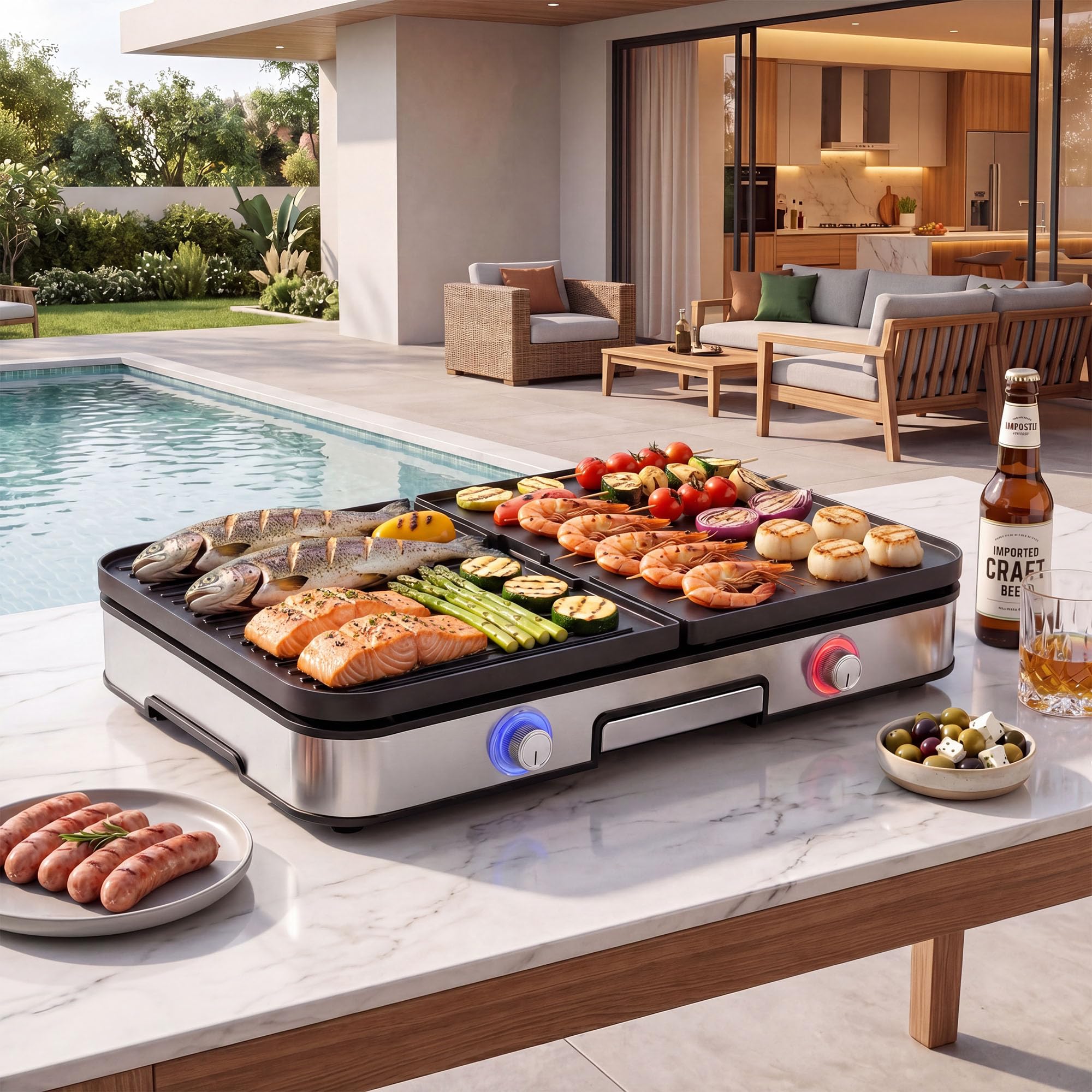 LIFEZEAL Tischgrill 48 x 31 cm, Elektrogrill 2000 W, Elektrischer Plattengrill Indoor mit 2 wendbaren Platten, Elektro-Grillplatte Griddle für Haus, Balkon, Camping