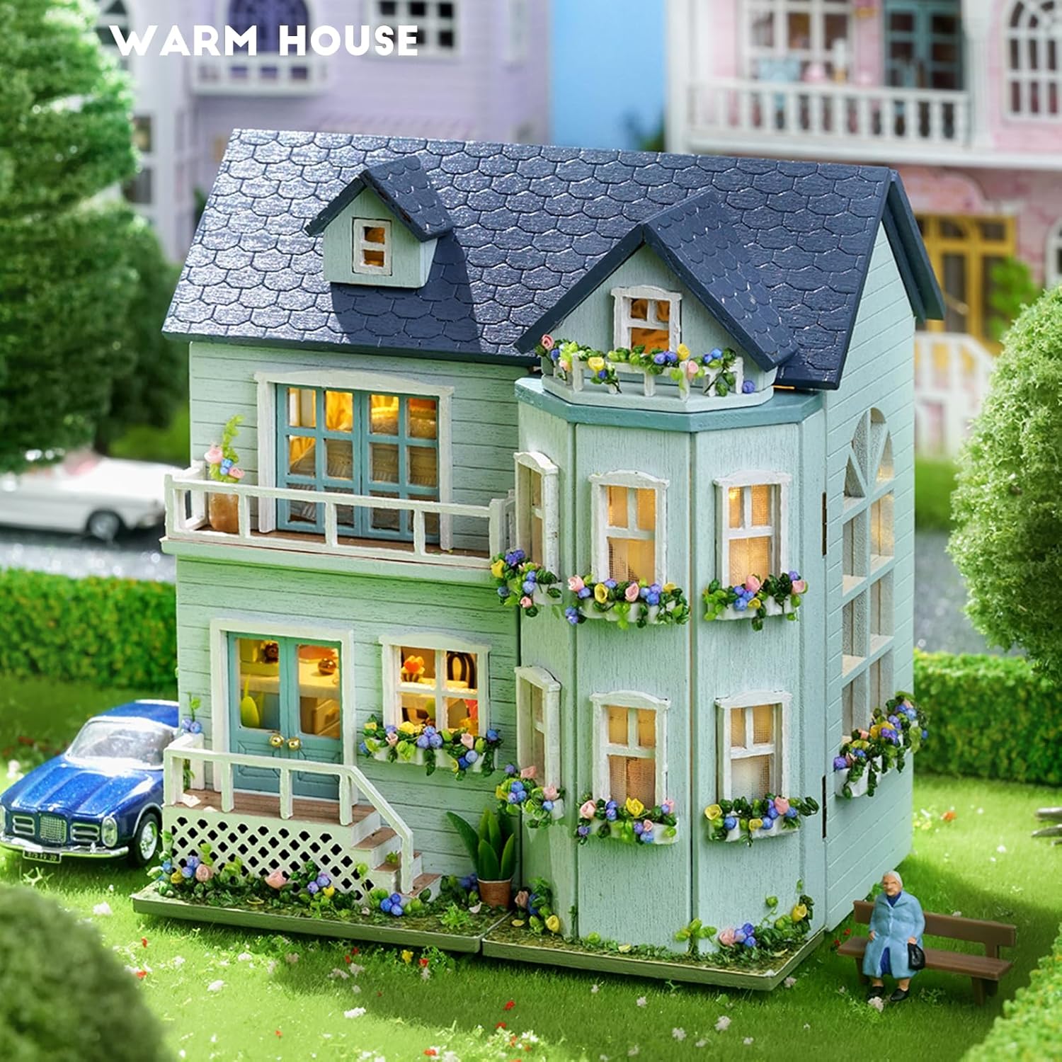 Spilay Dollhouse DIY Miniature Wooden Furniture Kit,Mini Handmade Doll House with LED,1:24 Scale Creative Woodcrafts for Adult Friend Lover Birthday Gift (D05)