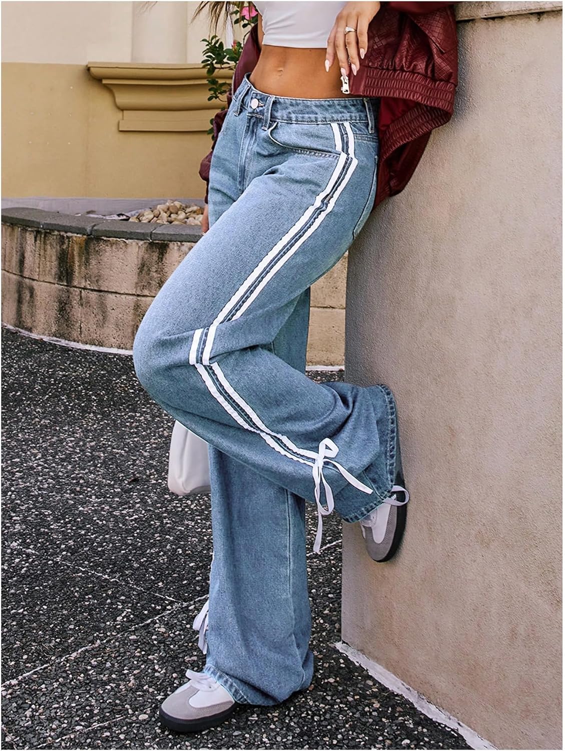 GORGLITTER Women's Y2k Wide Leg Jeans Cute Bow Stripe Side Baggy Trendy 2026 Denim Pants with Pockets - Image 2