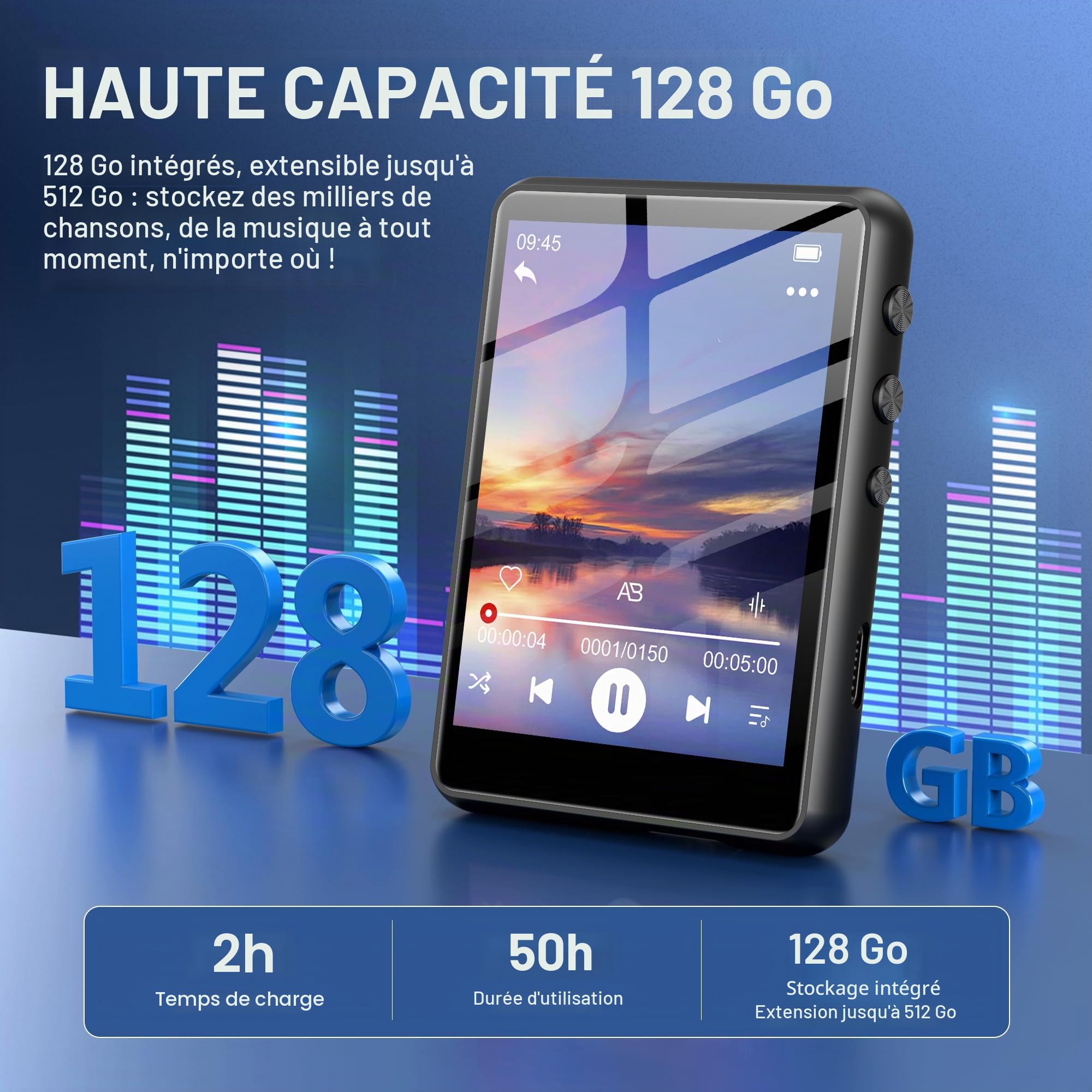 Lecteur MP3 SWOFY 128 Go, Bluetooth 5.3, écran Tactile 2,4", Son HiFi, Haut-Parleur intégré, Fonction Enregistrement, Radio FM, Extensible à 512 Go (Noir)