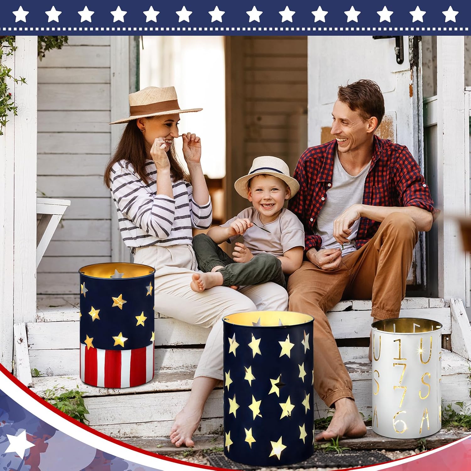 Tandefio 3pcs 250th Anniversary 4th of July Decorations Patriotic Metal Candle Lanterns Bucket Hanging American Flag Memorial Day Decoration Red White and Blue Standing Bucket for Front Porch Home