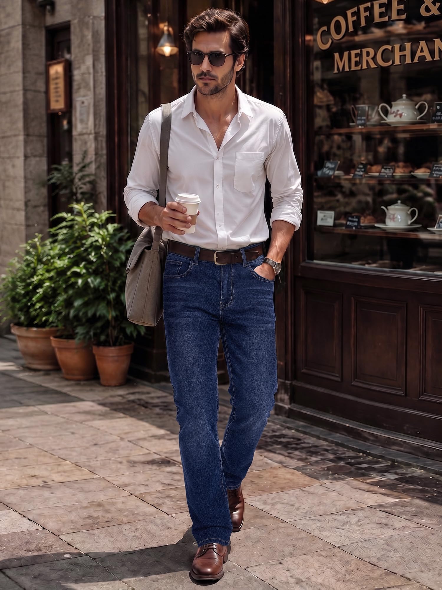 Breampot Herren Jeans Regular Fit Stretch Straight Cut Mid Waist Denim Hose
